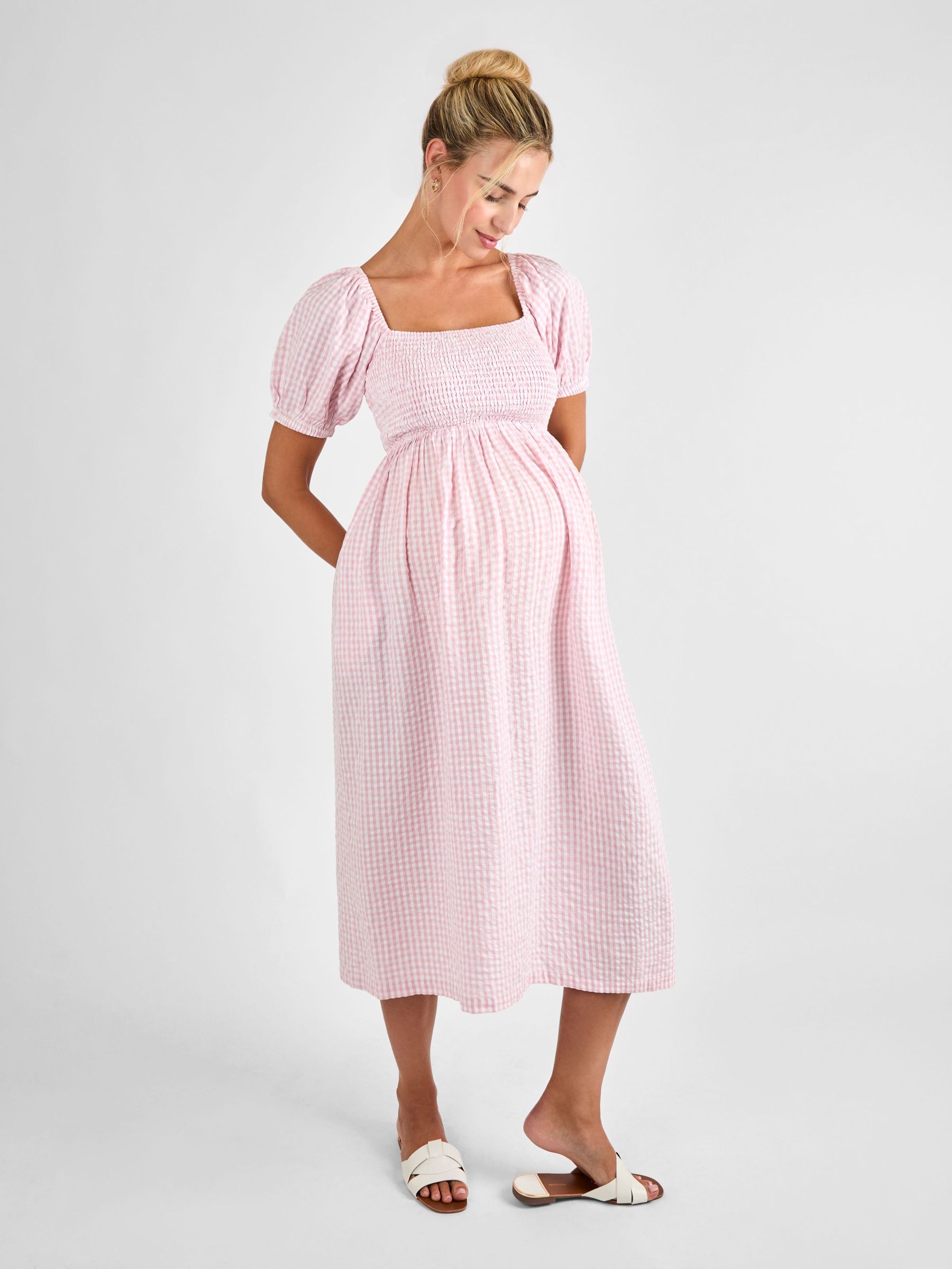 Pink Gingham Shirred Maternity Midi Dress (AJ4498) | £49.50