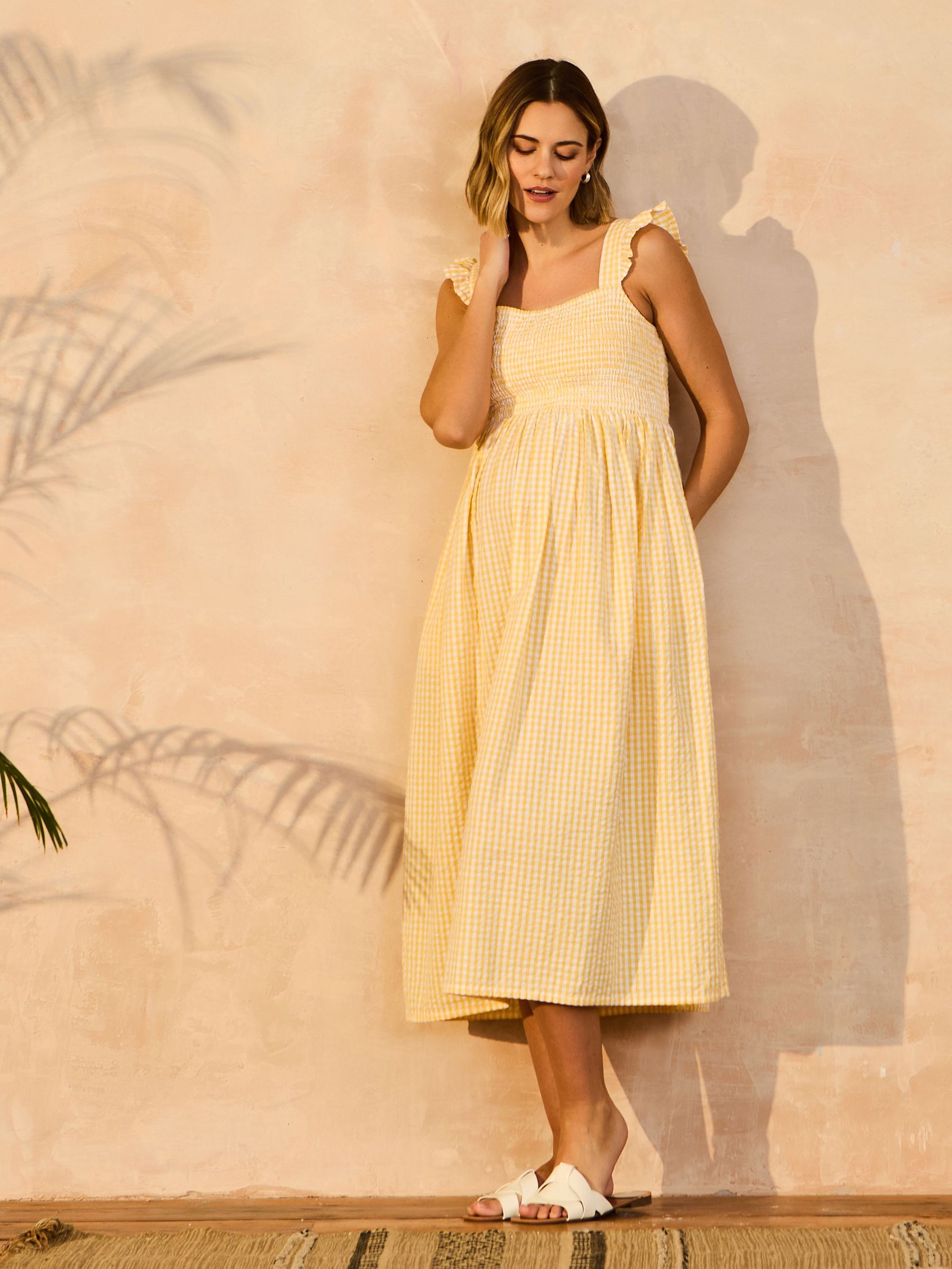 Yellow Gingham Shirred Maternity Midi Dress (AJ4509) | £49.50
