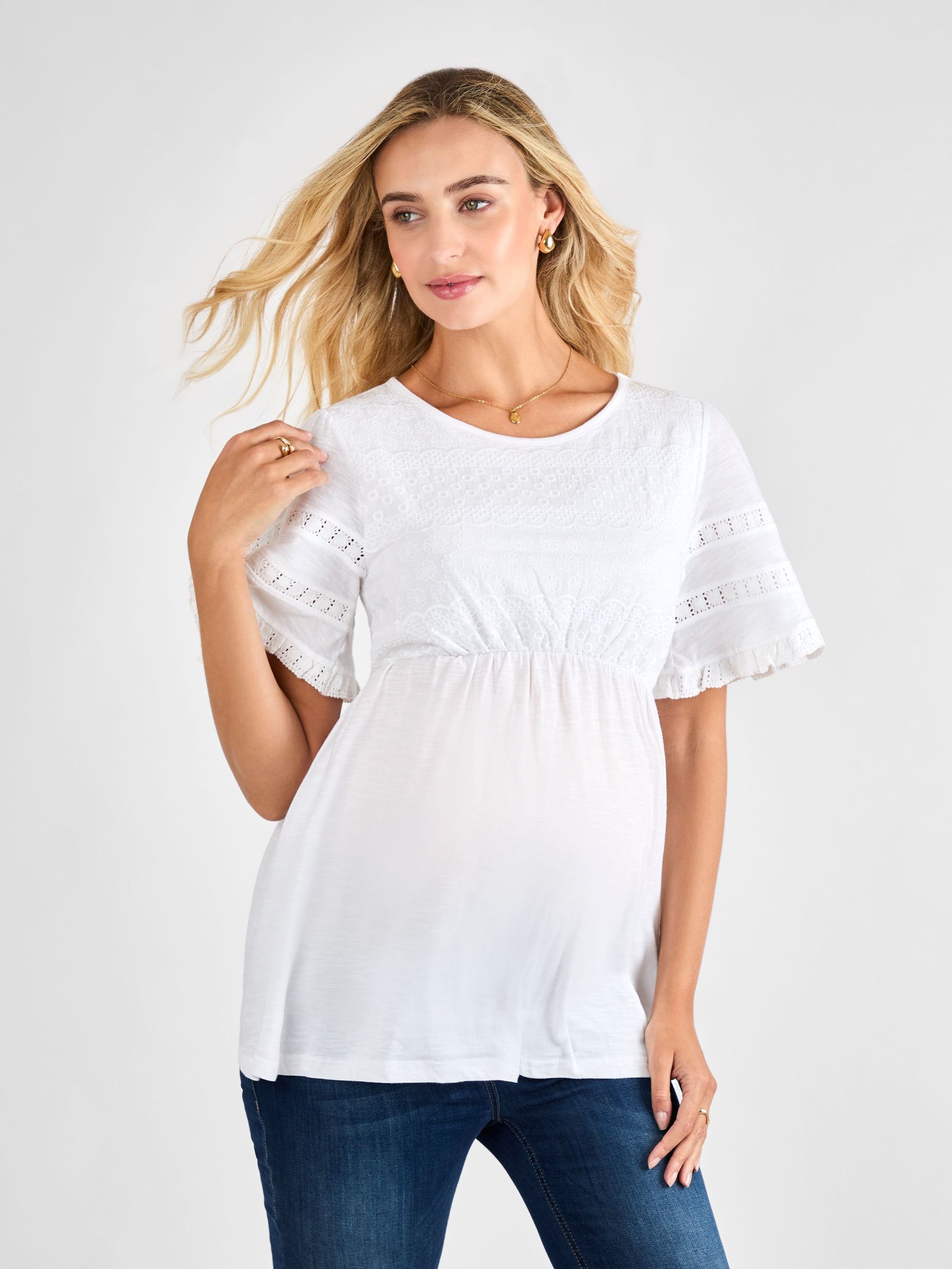 White Broderie Lace Trim Maternity Jersey Top (AJ4520) | £29.50