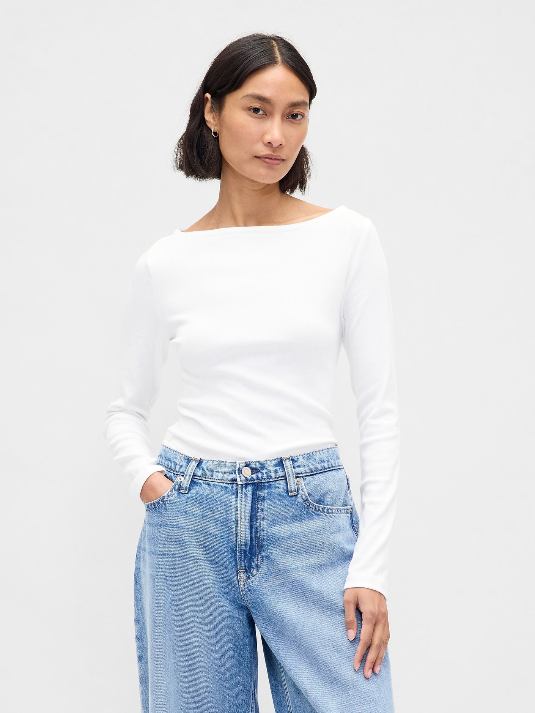 White - Modern Boatneck Long Sleeve T-shirt