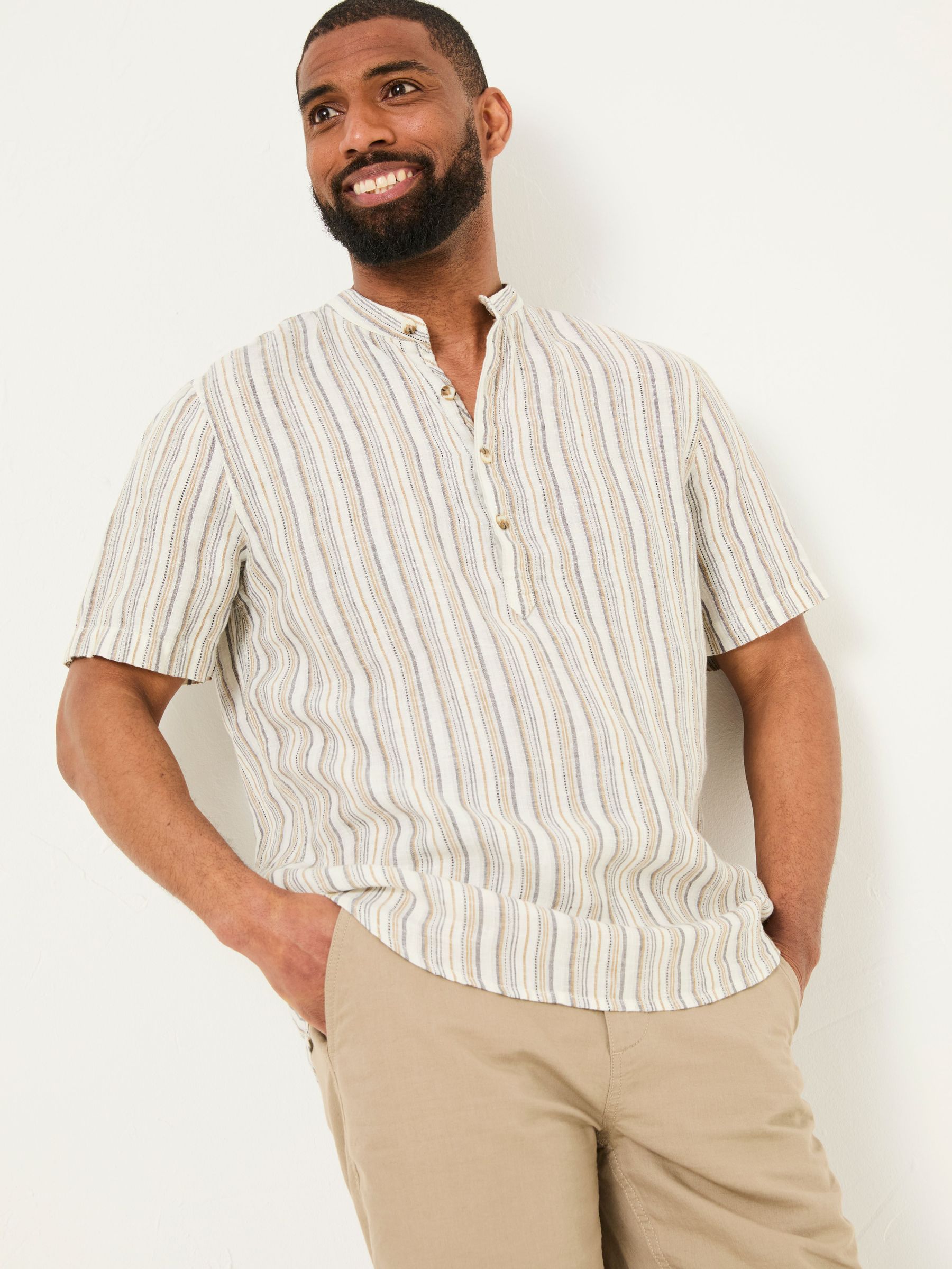 Natural Grandad Short Sleeve Linen Stripe Popover 100% Linen Shirt (AJ5125) | £52