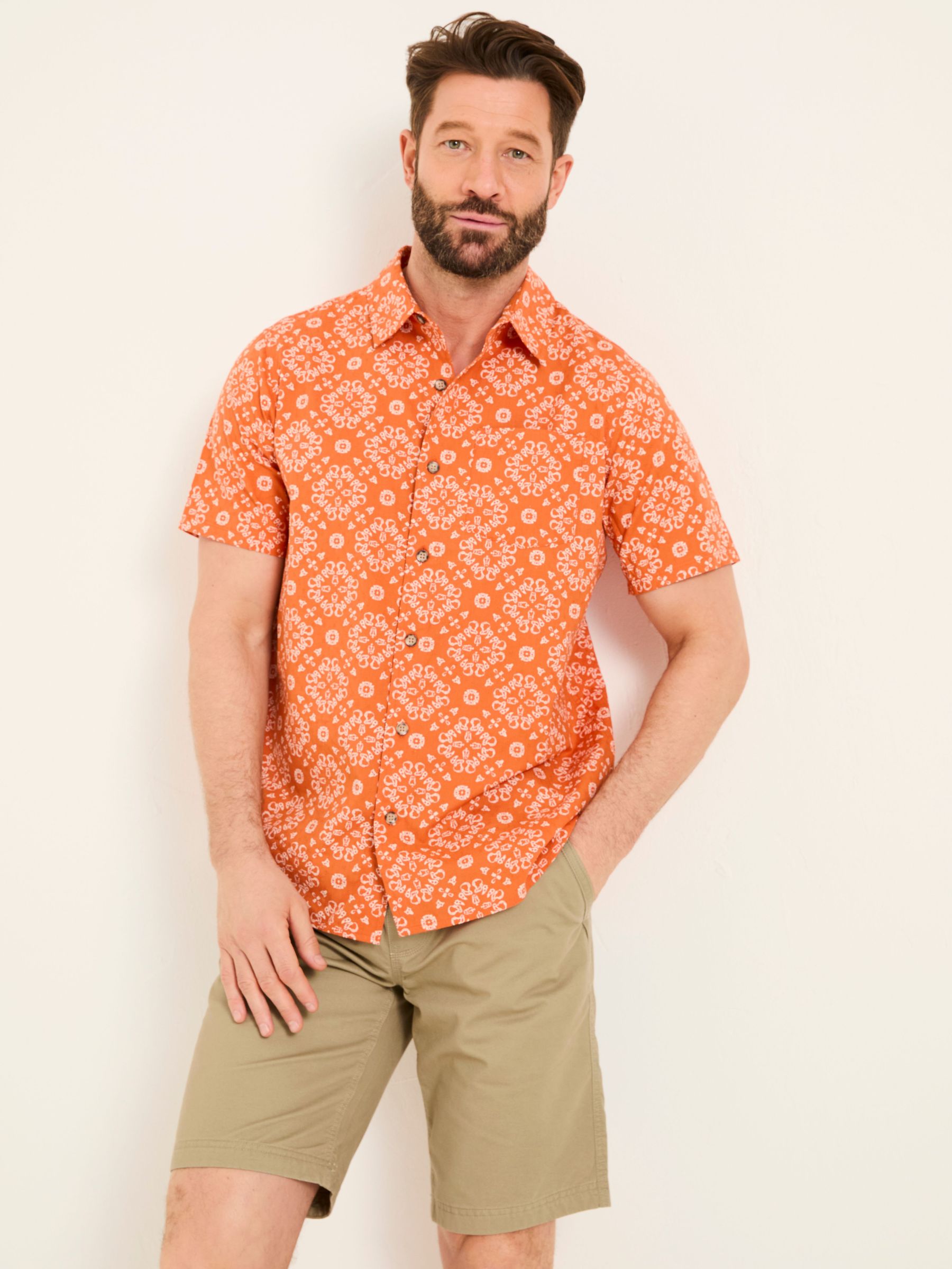 Orange Short Sleeve Tile Print 100% Cotton Shirt (AJ5128) | £44