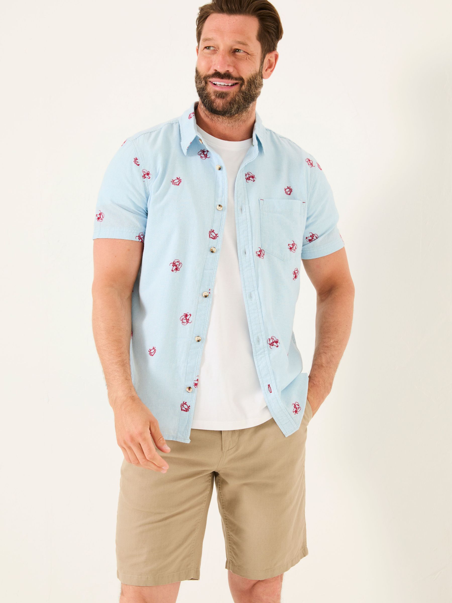 Blue Short Sleeve Crab and Lobster Embroidered Fine Stripe Shirt (AJ5131) | £46