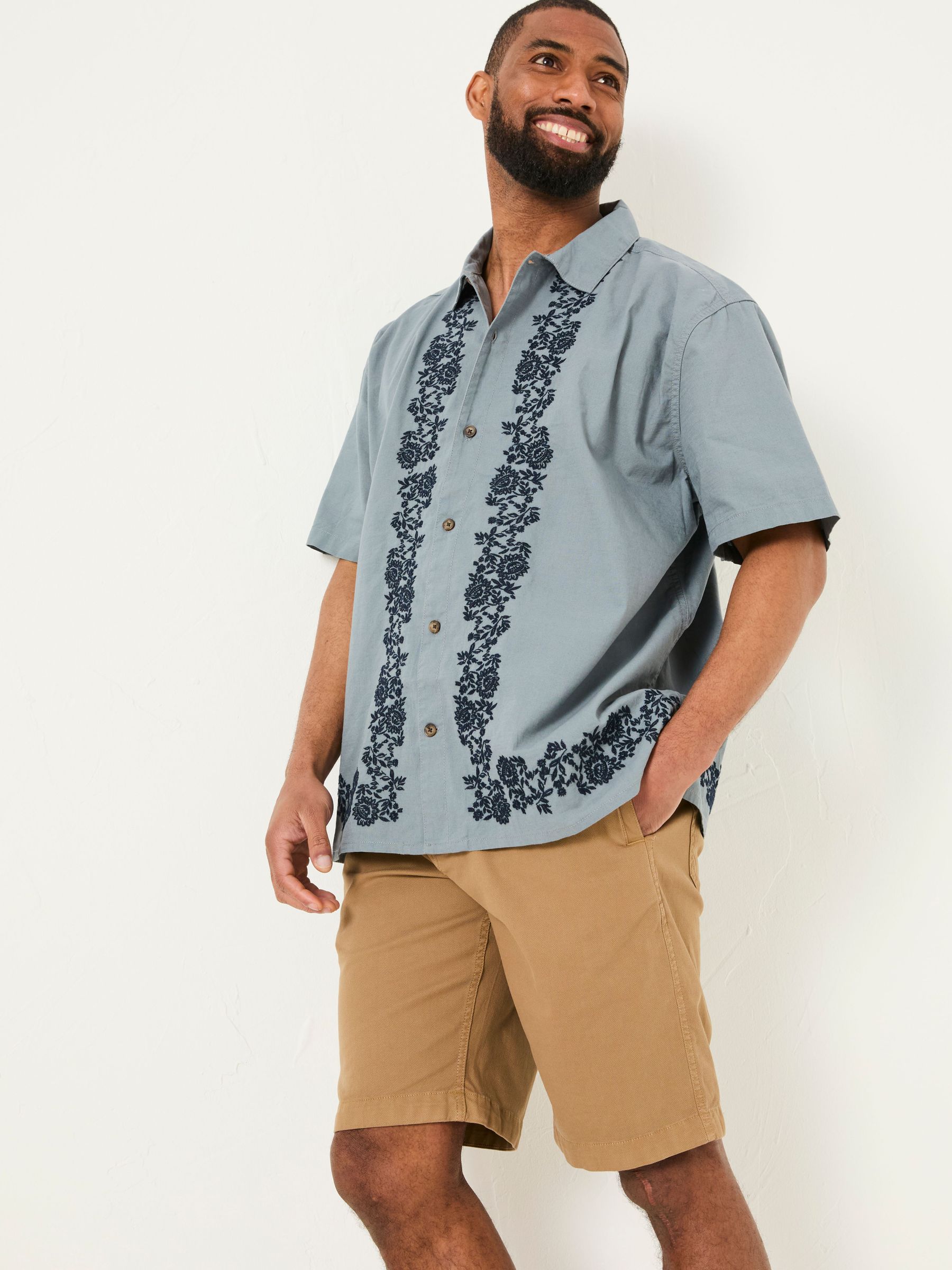 Blue Short Sleeve Embroidered Floral 100% Cotton Shirt (AJ5132) | £46