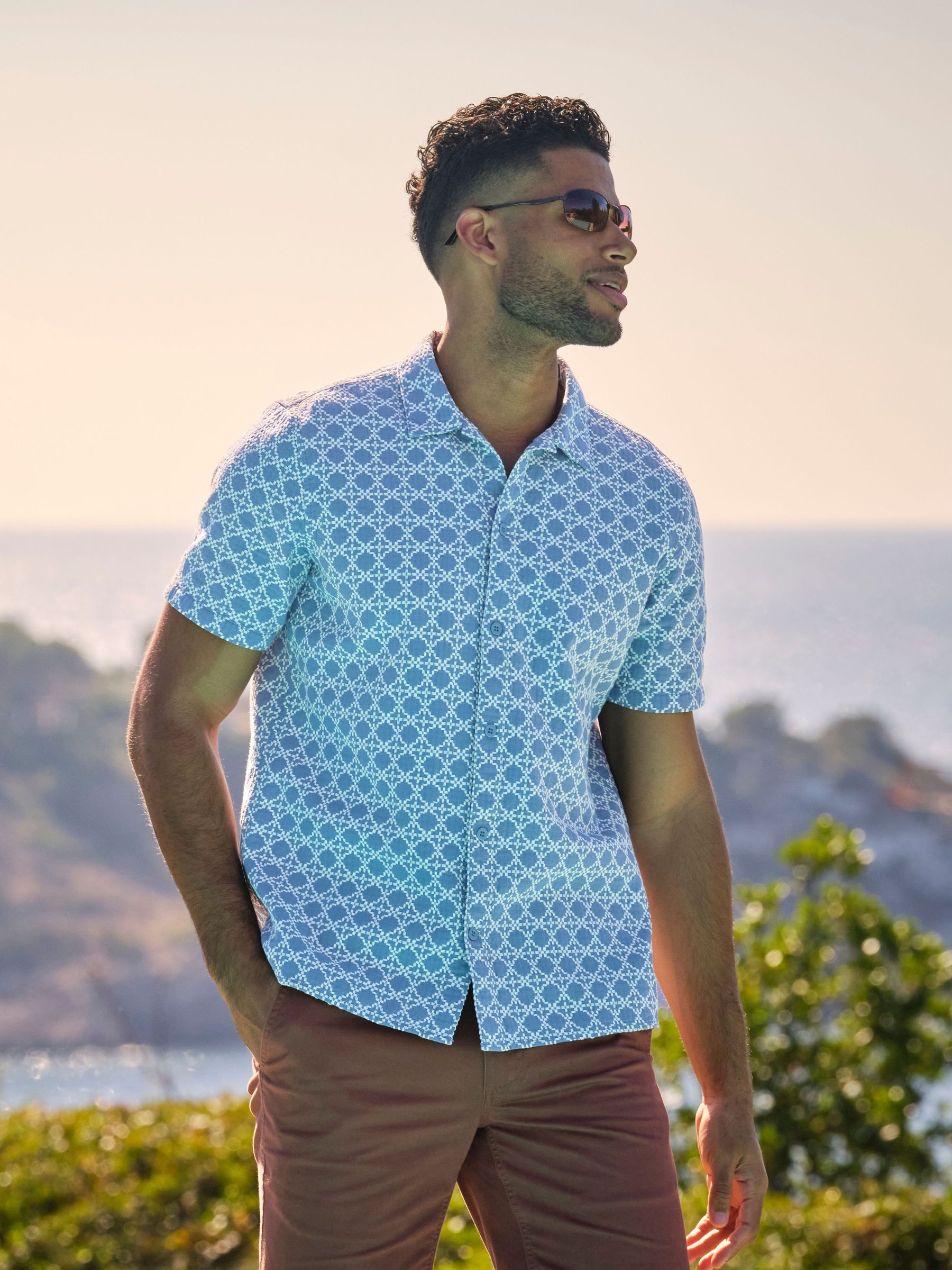 Blue Short Sleeve Embroidered Geo 100% Cotton Shirt (AJ5136) | £46
