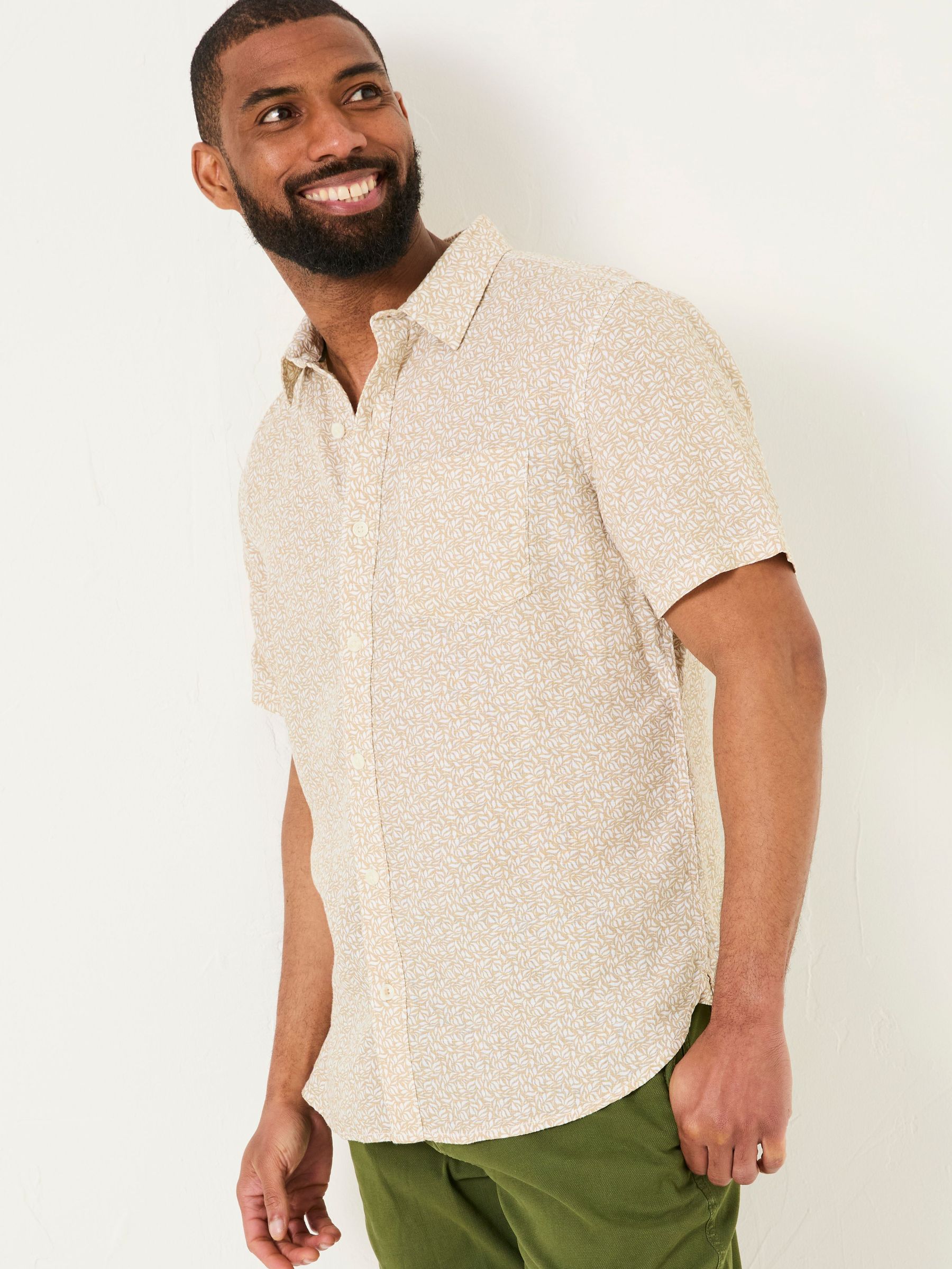 Natural Short Sleeve Linen Leaf Print 100% Linen Shirt (AJ5244) | £52