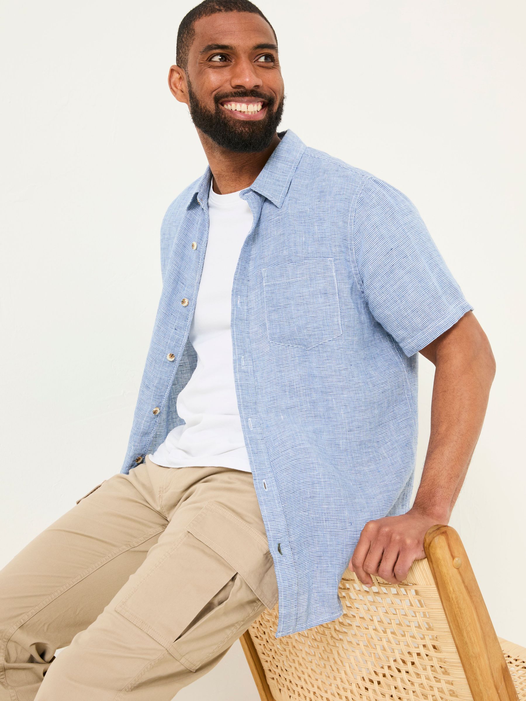 Blue Short Sleeve Micro Linen Check 100% Linen Shirt (AJ5248) | £52