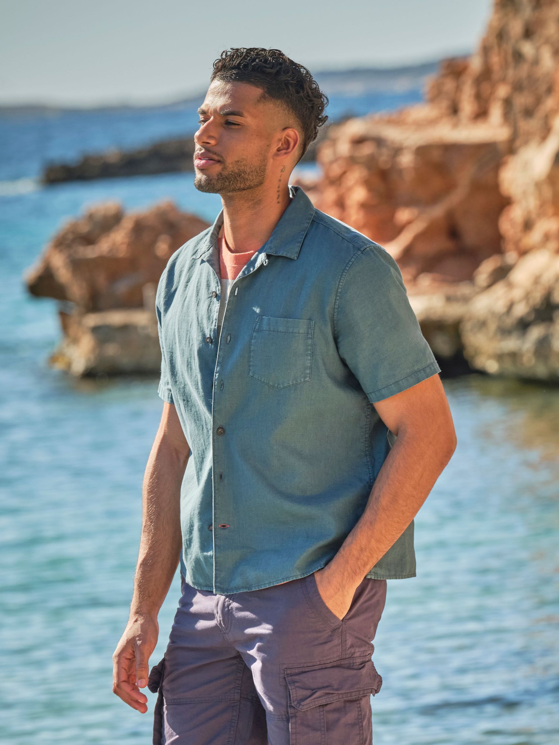 Bugle Dark Teal Blue Short Sleeve Linen Cotton Shirt (AJ5254) | £42