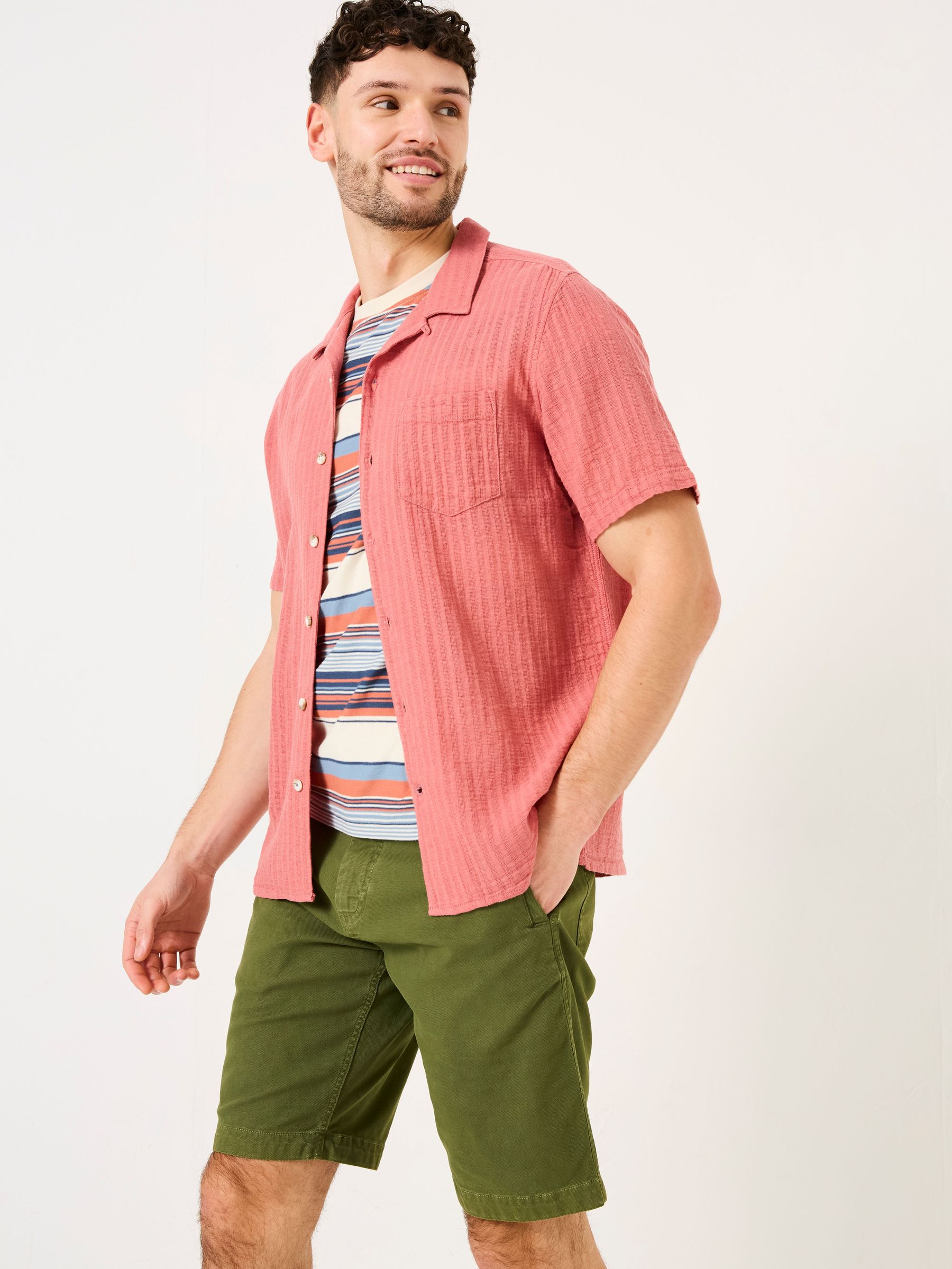 Bugle Terracotta Short Sleeve Self Stripe Linen Cotton Shirt (AJ5290) | £42