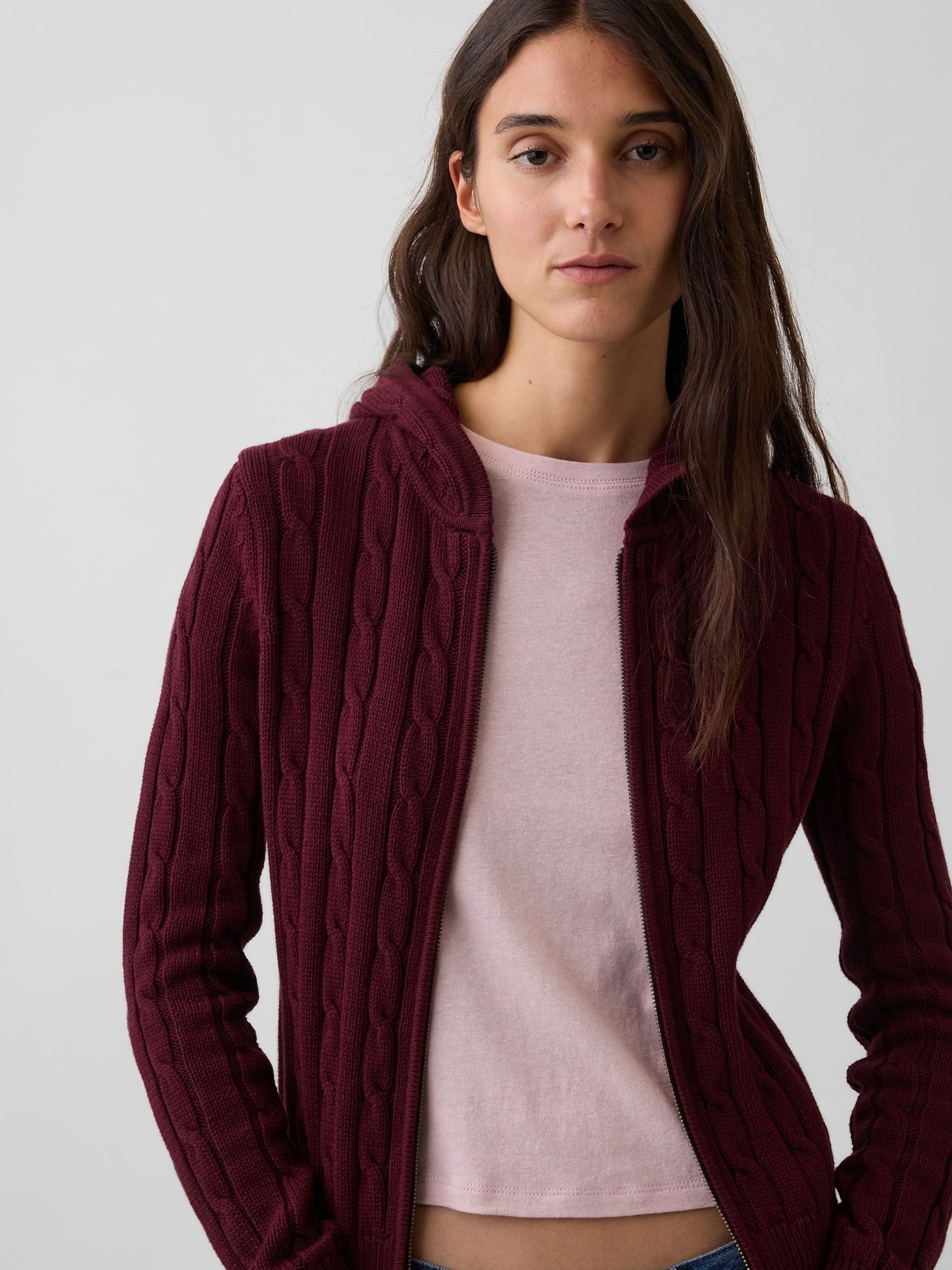 Burgundy Red - Cable-knit Zip-up Cardigan