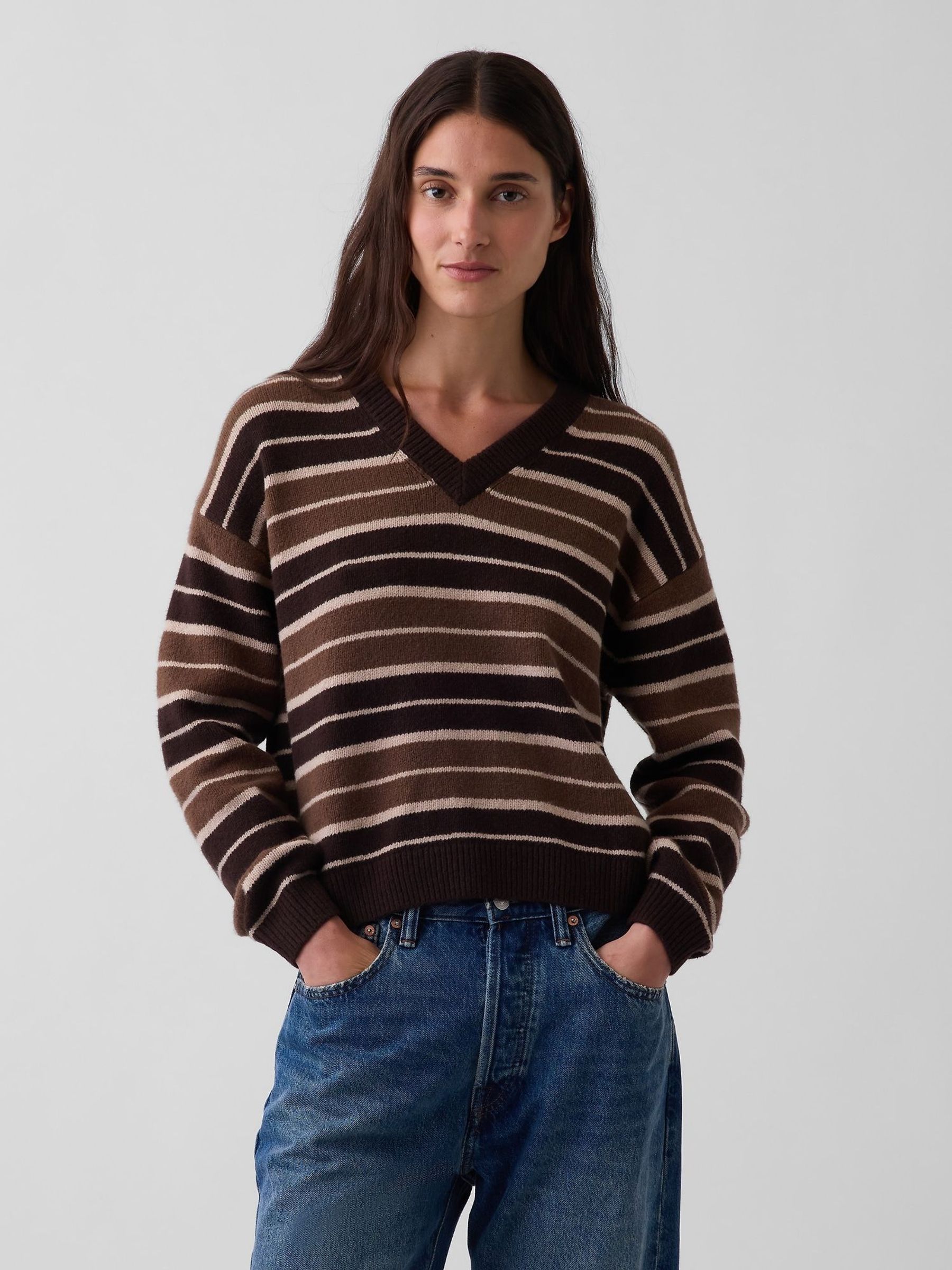 Brown/Black Stripe - Cashsoft Oversized V-neck Jumper
