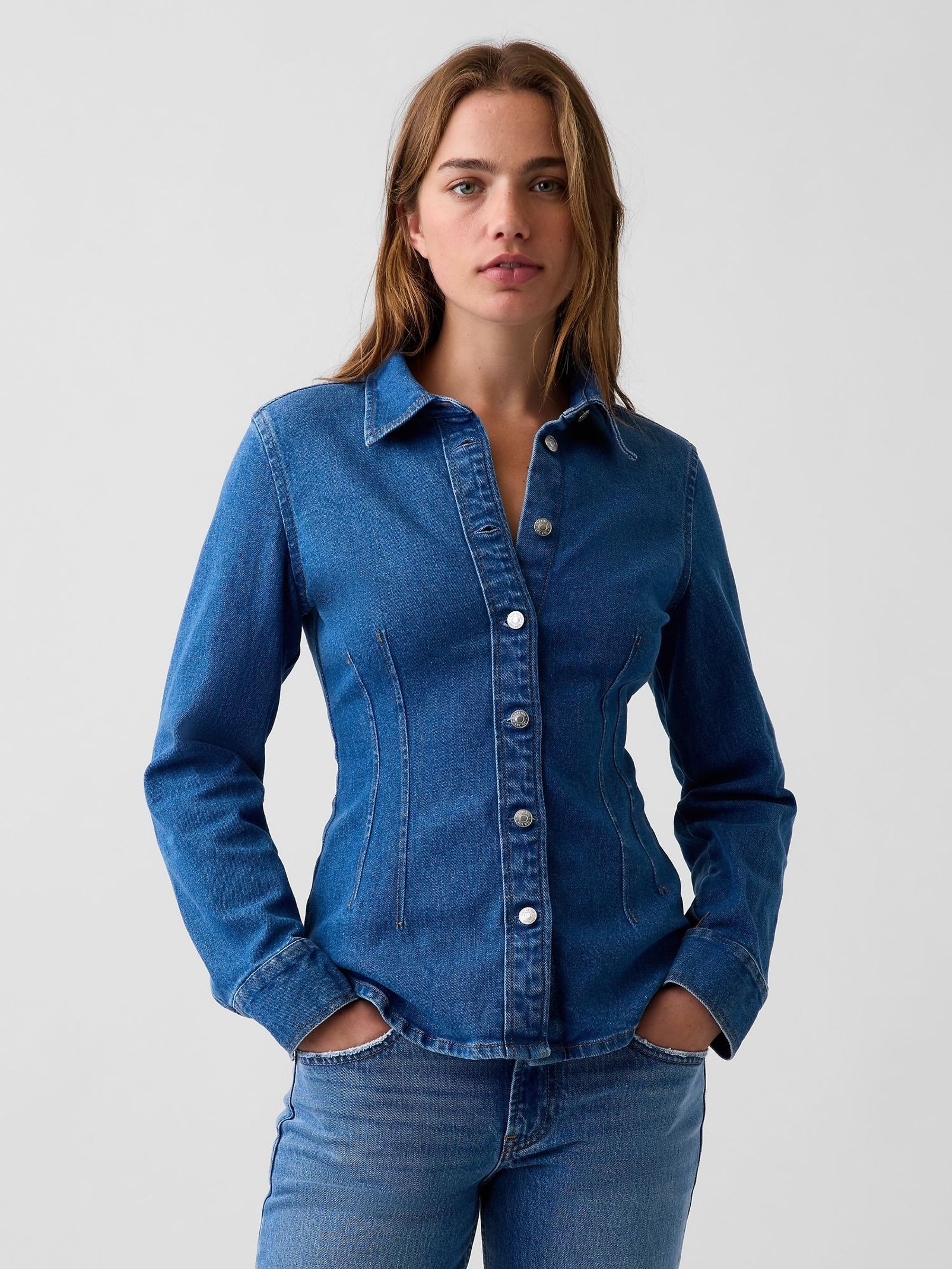 Medium Wash - Denim Fitted Shirt
