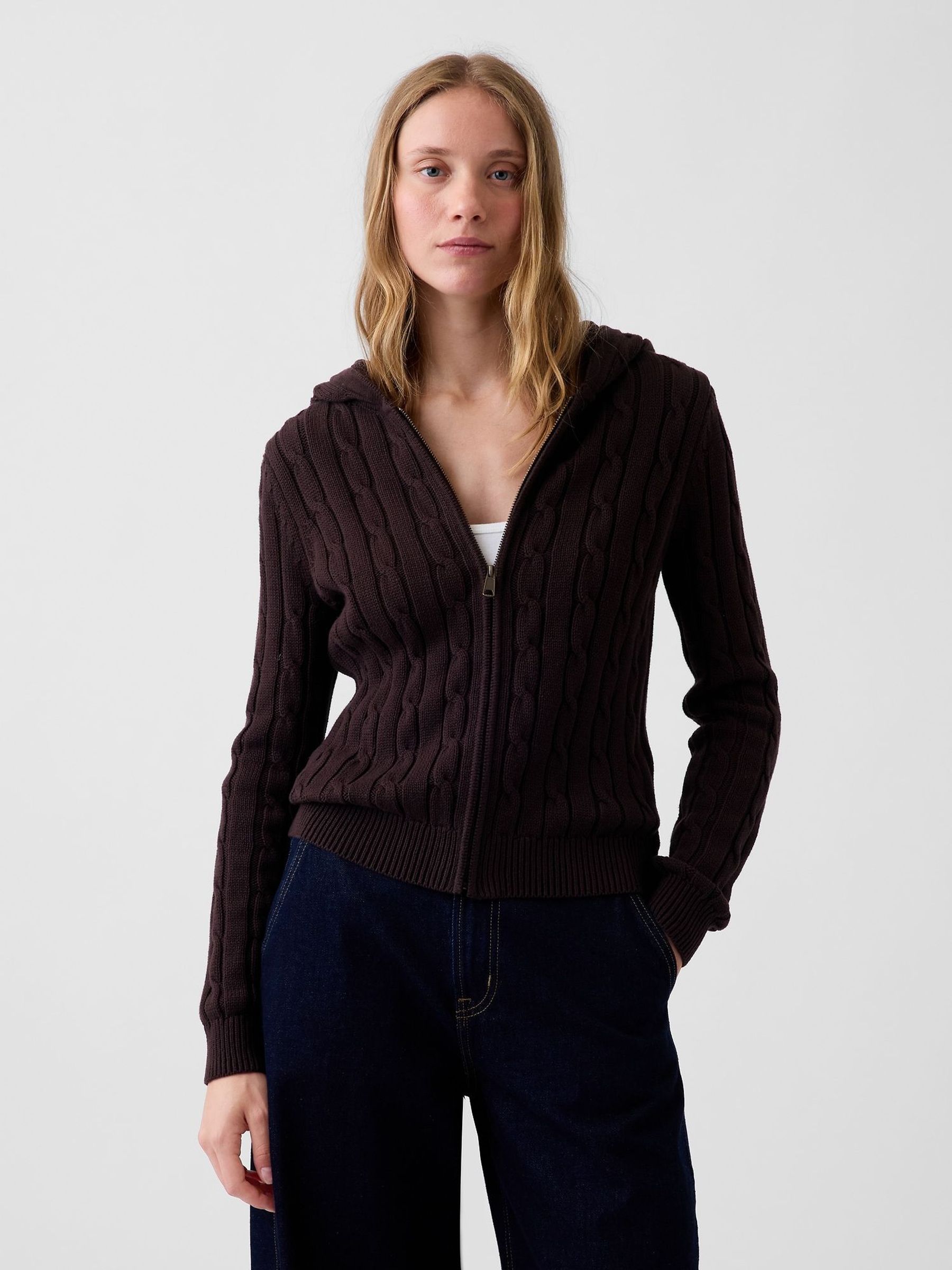 Brown - Cable-knit Zip-up Cardigan