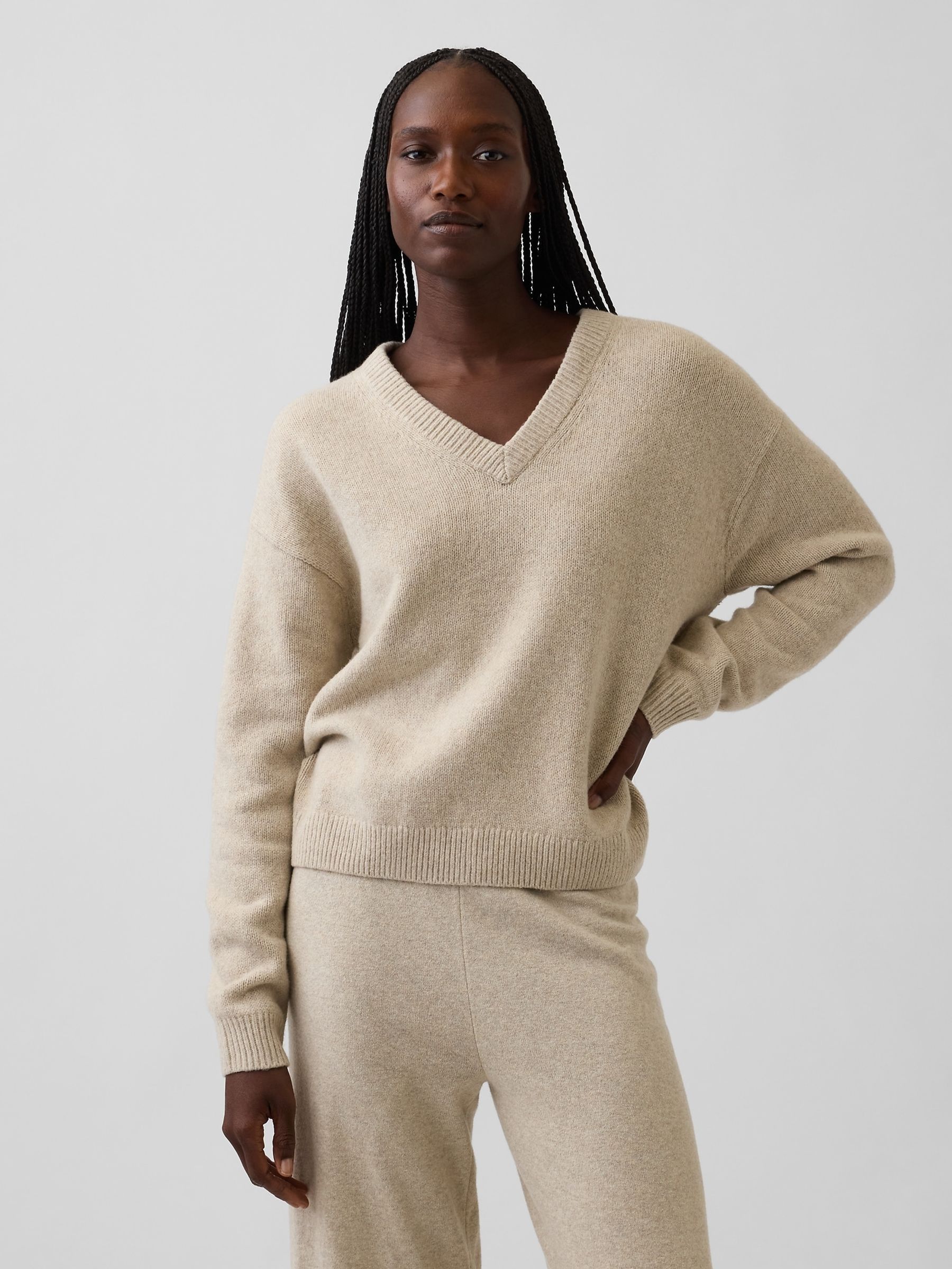 Beige - Cashsoft Oversized V-neck Jumper