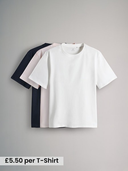 Navy/Cream/Peach - 3 Pack Relaxed Short Sleeved 100% Cotton T-Shirts (AJ8150) | £16.50