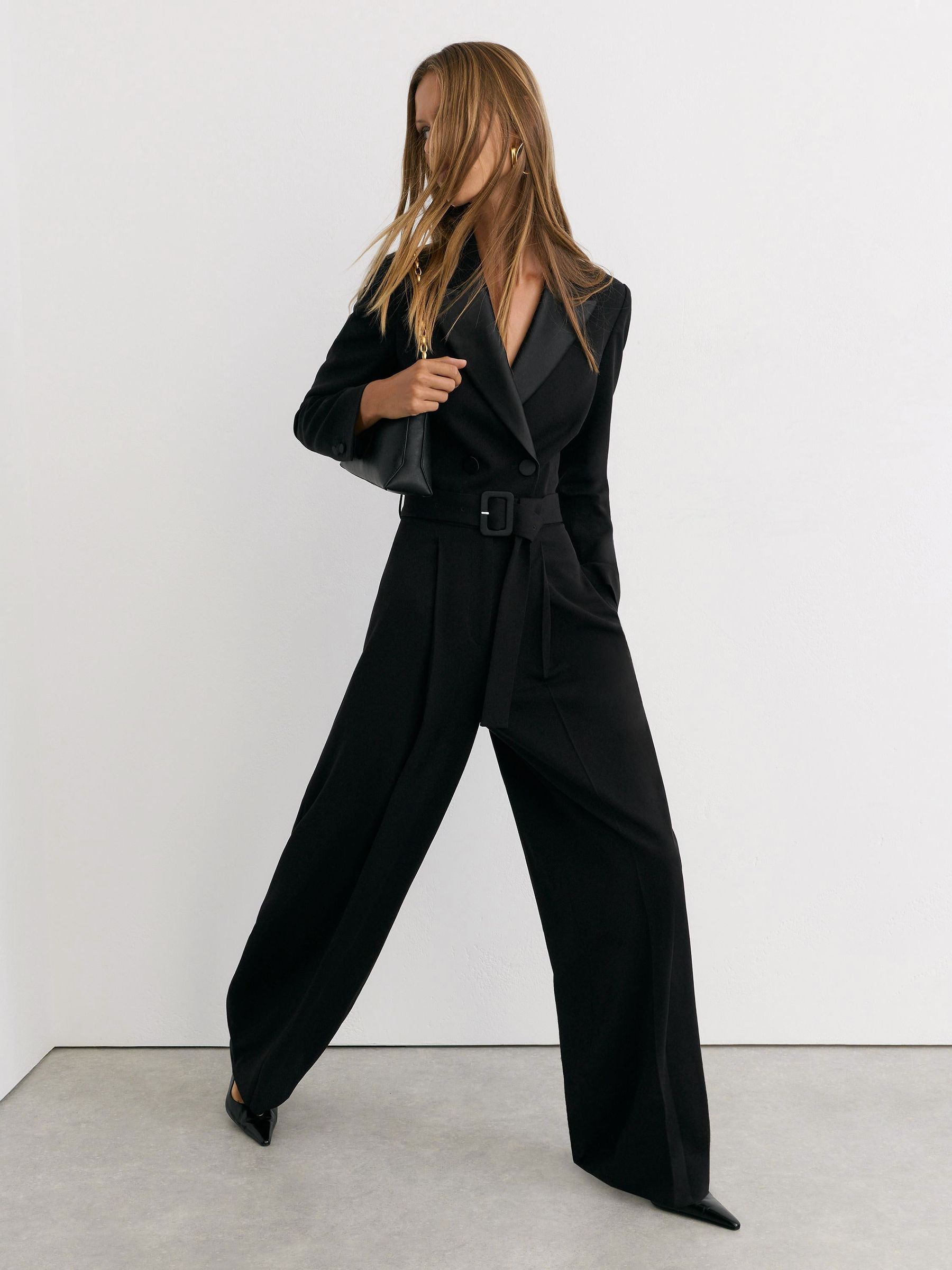 Black - Tuxedo Wide-leg Belted Jumpsuit