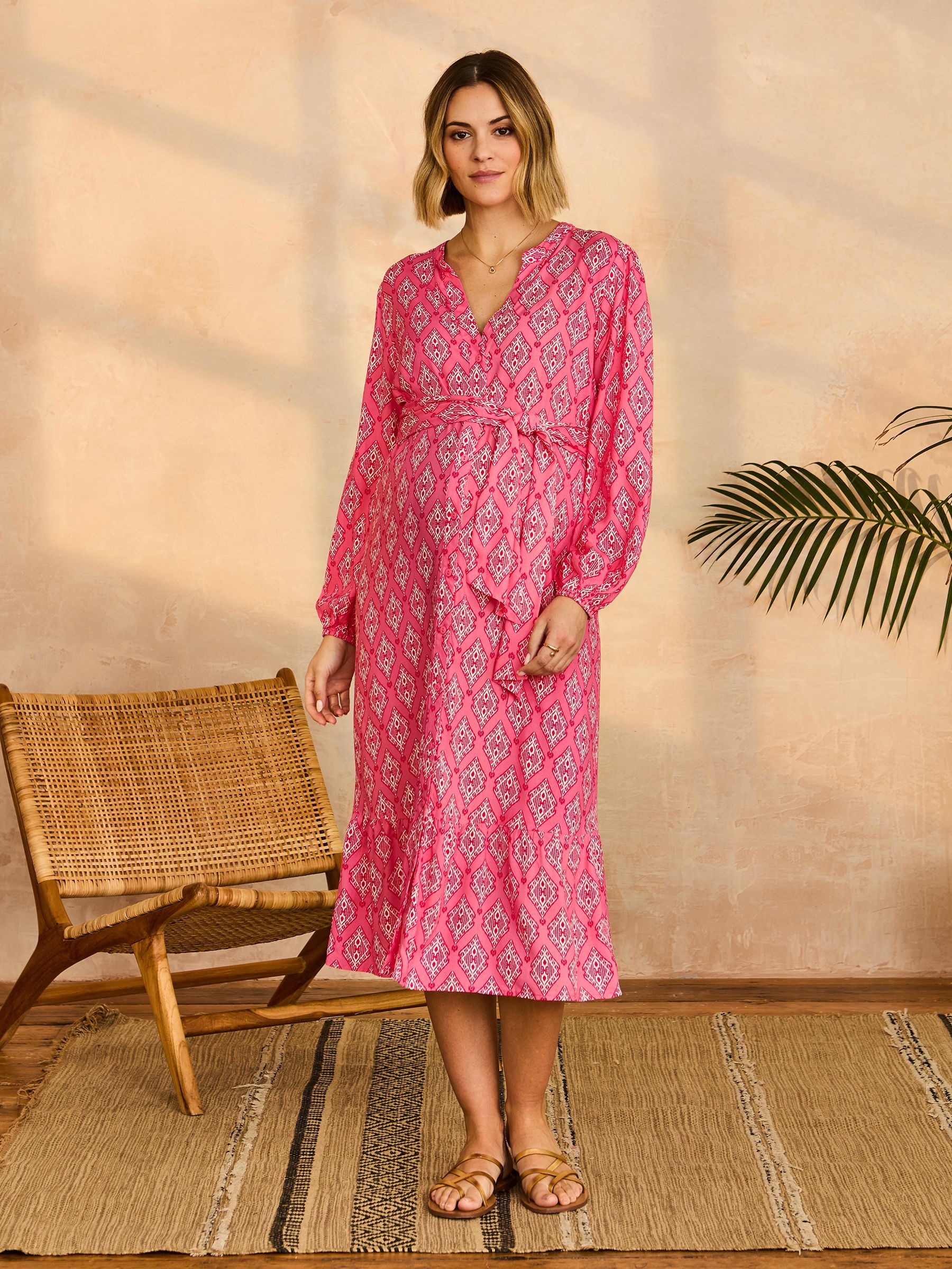 Pink Button Through Maternity Midi Dress With Tie (AJ9012) | £49.50
