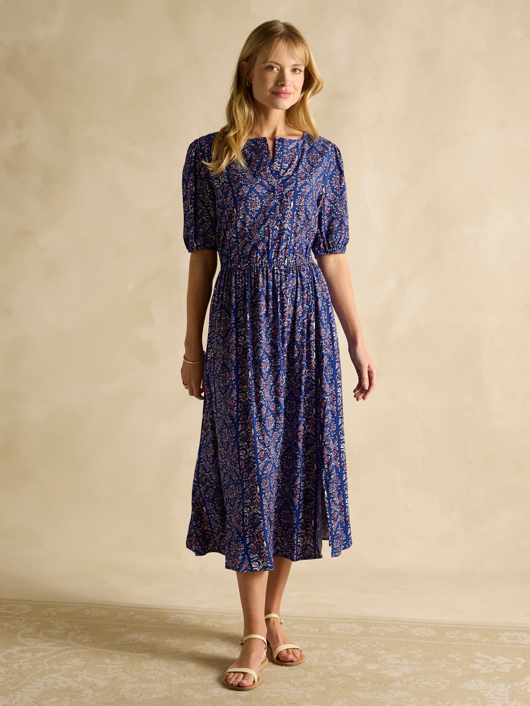 Adele Blue Crew Neck Elbow Length Sleeve Midi Dress