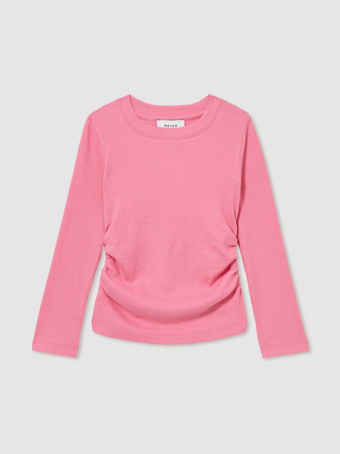 Cotton-Jersey Ruched Long-Sleeve T-Shirt in Pink (AK0906) | £17