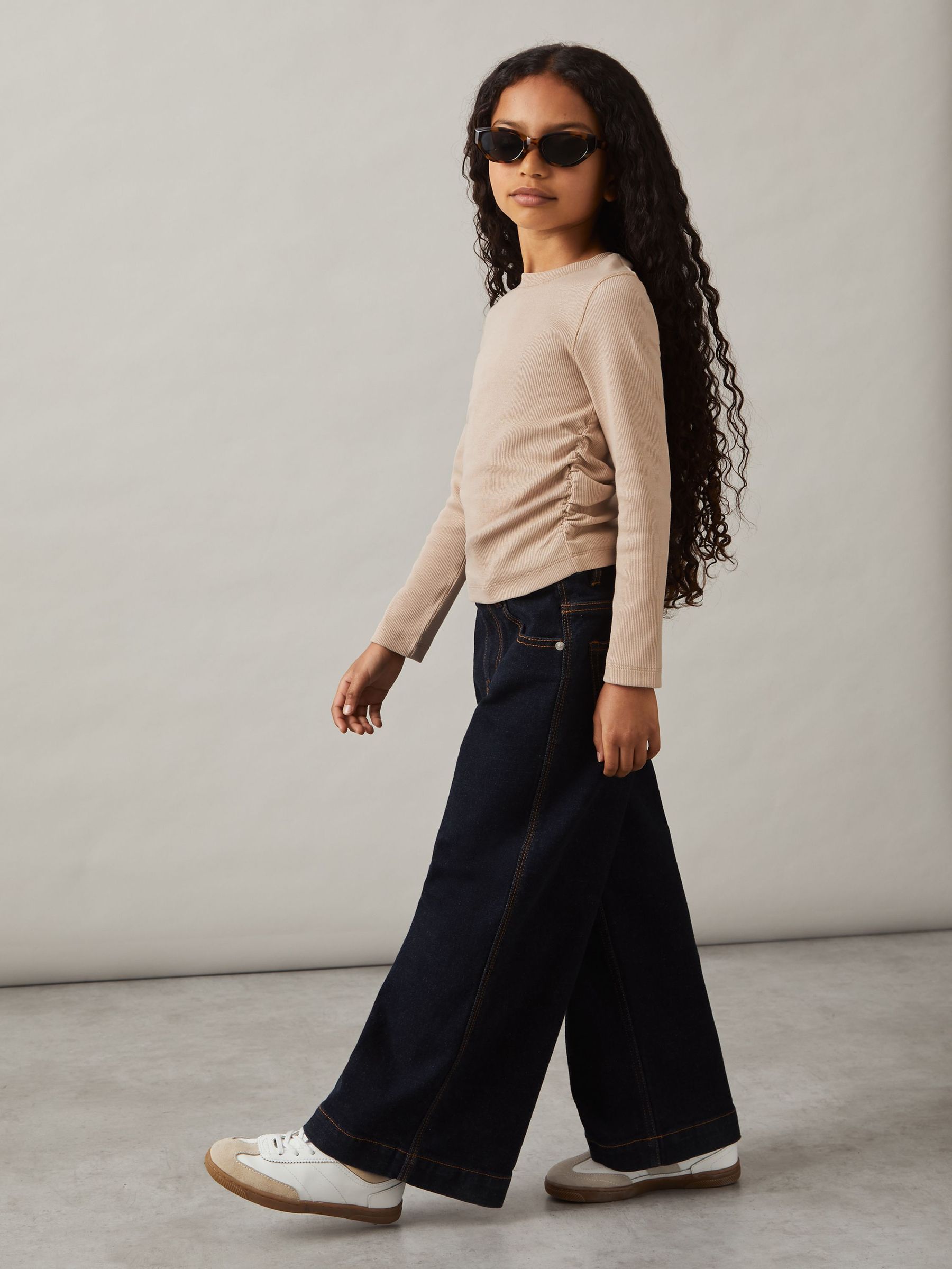 Cotton-Jersey Ruched Long-Sleeve T-Shirt in Tan (AK0917) | £14