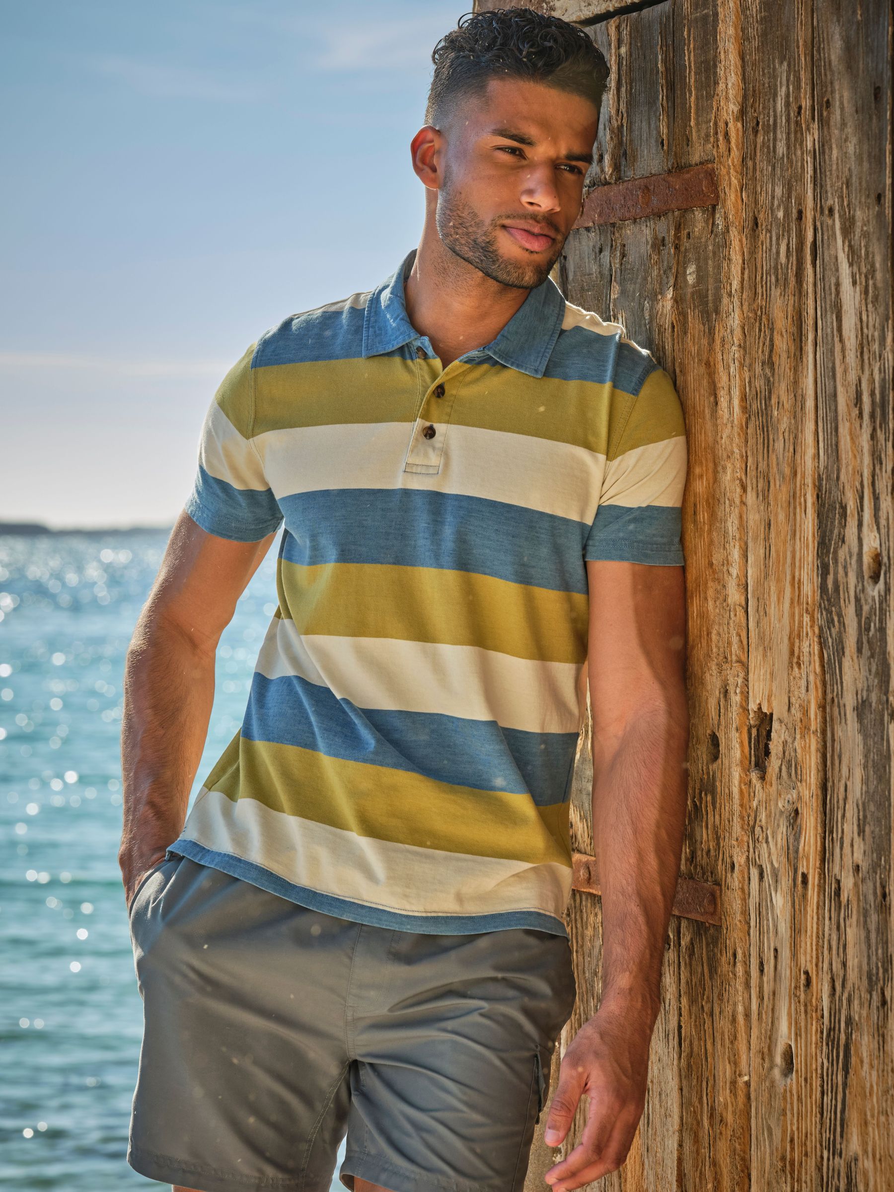 Indigo Blue Block Stripe Polo (AK4914) | £32.50
