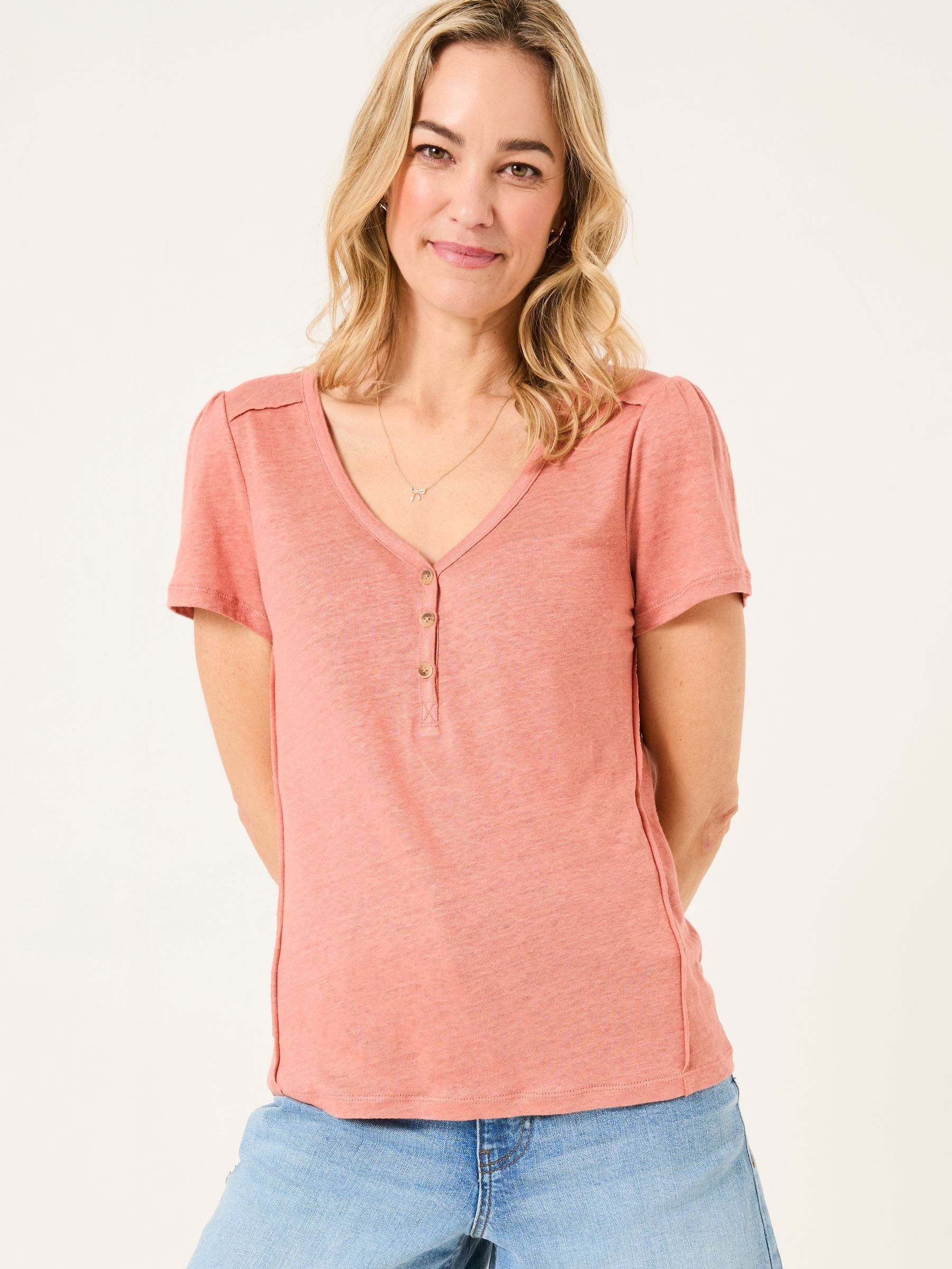 Lena Rose Pink Linen Henley Top (AK5415) | £42
