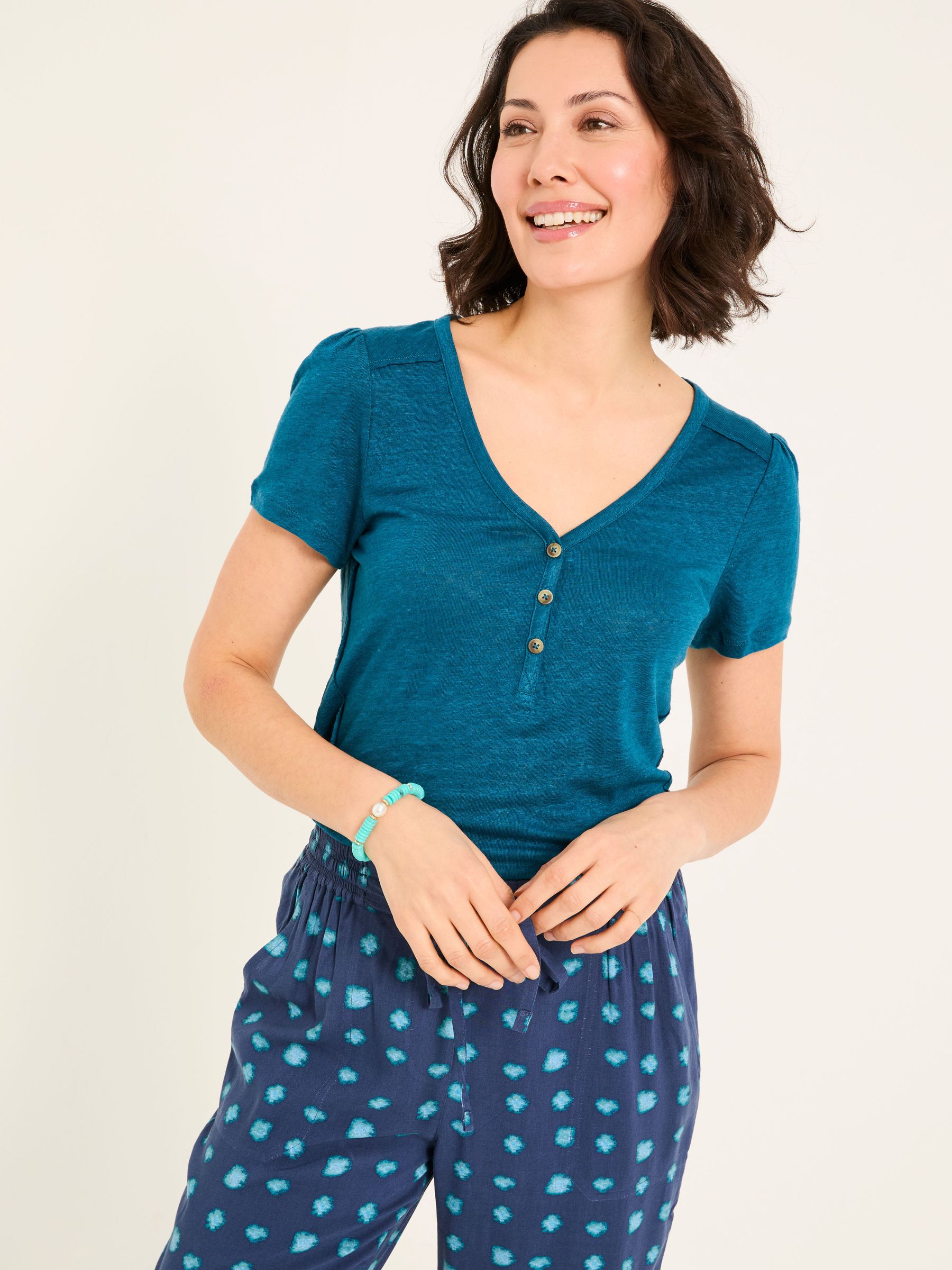 Lena Dark Teal Linen Henley Top (AK5484) | £42