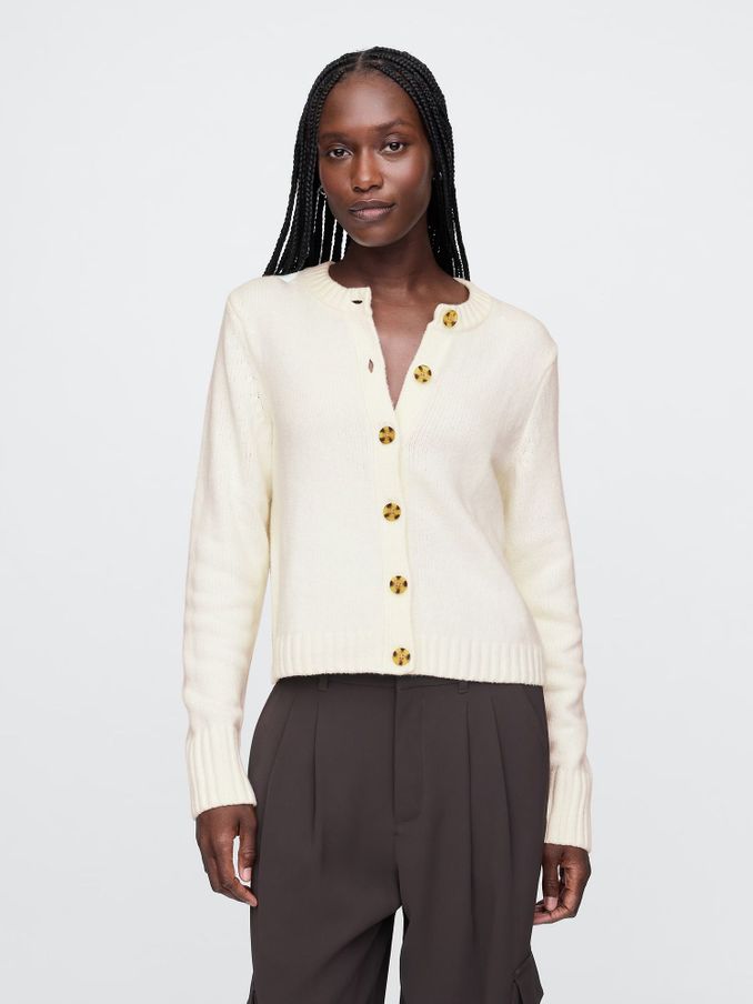 White CashSoft Long Sleeve Crew Neck Cardigan (AK6069) | £27