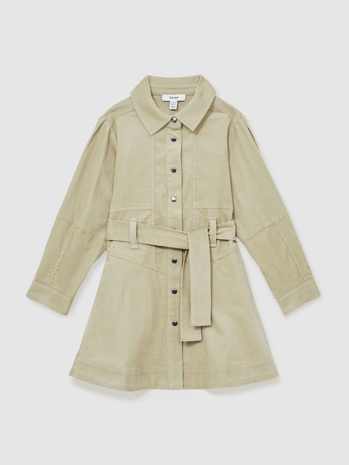 13-14 yrs Corduroy Belted Long-Sleeve Dress in Camel (AK6132) | £30