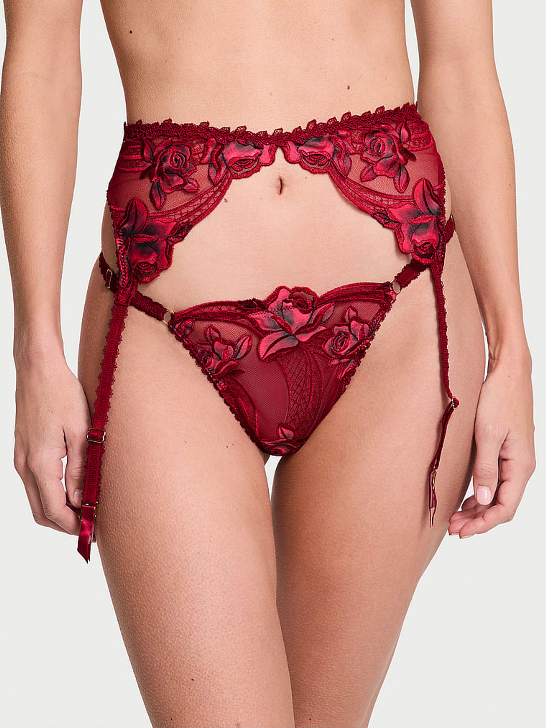 Red Lacquer Rose Embroidered Garter Belt (AK7424) | £35
