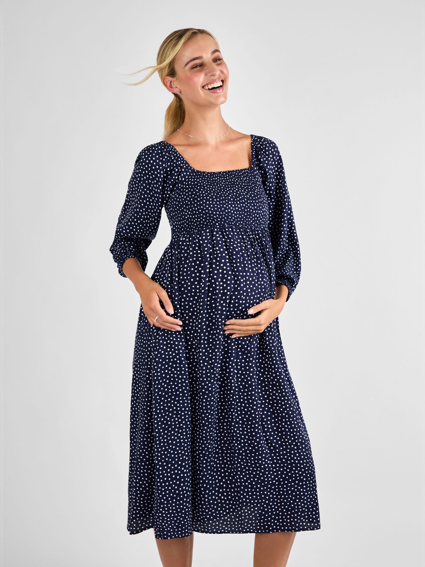 Navy Spot Print Shirred Maternity Midi Dress (AK7640) | £49.50