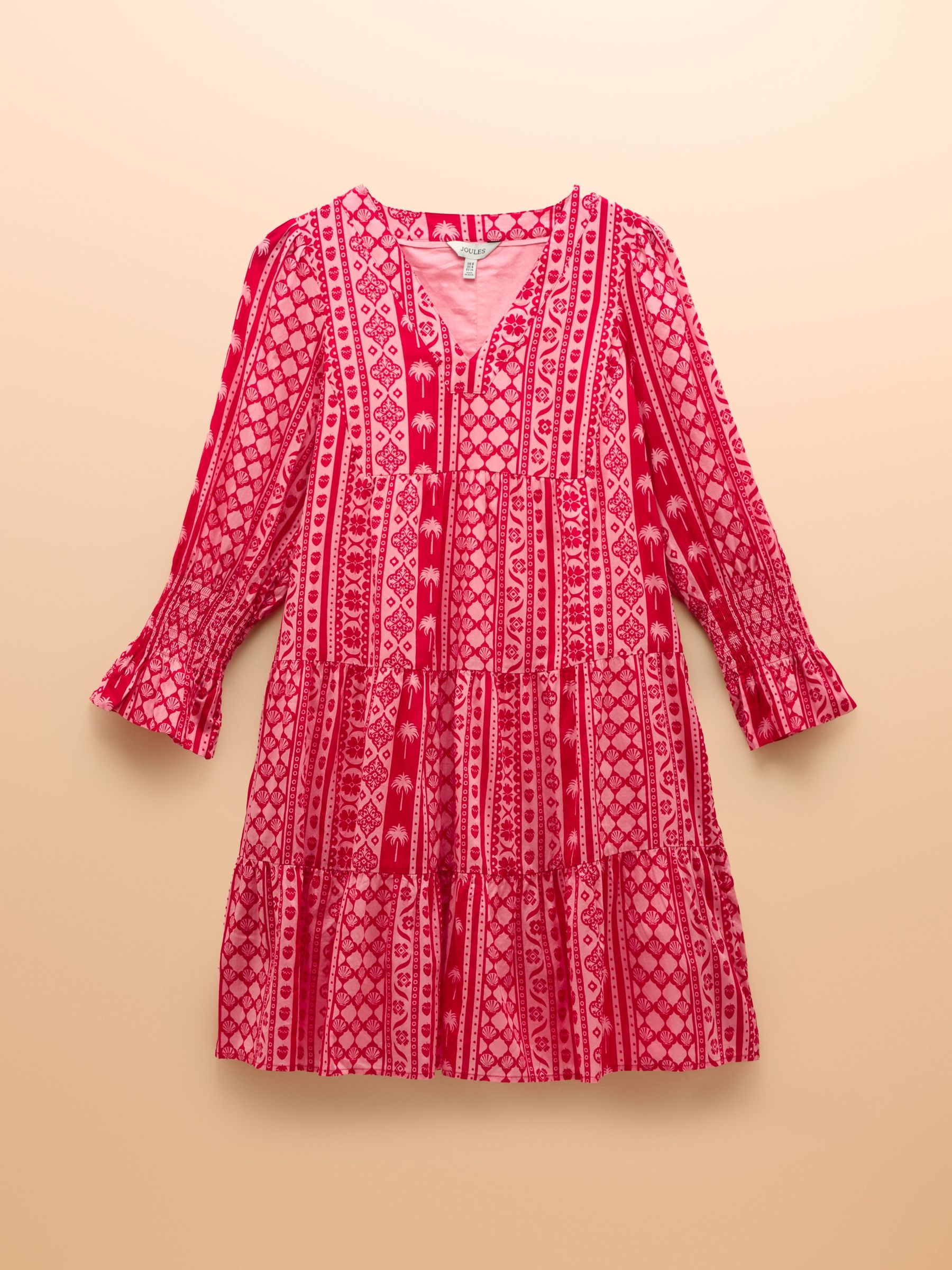 Alessia Pink Cotton V-Neck 3/4 Length Sleeve Tiered Dress