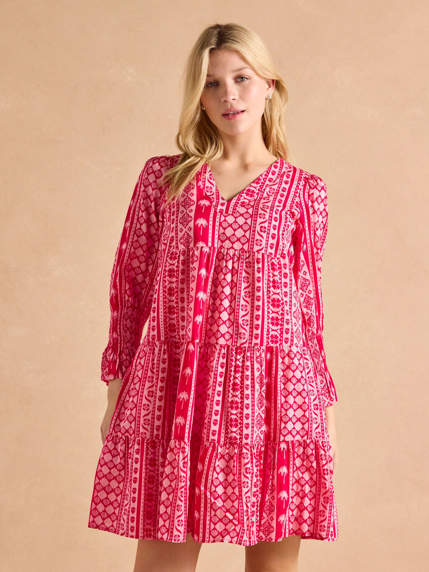 Alessia Pink 3/4 Length Sleeve Tiered Cotton Dress (AK7864) | £59