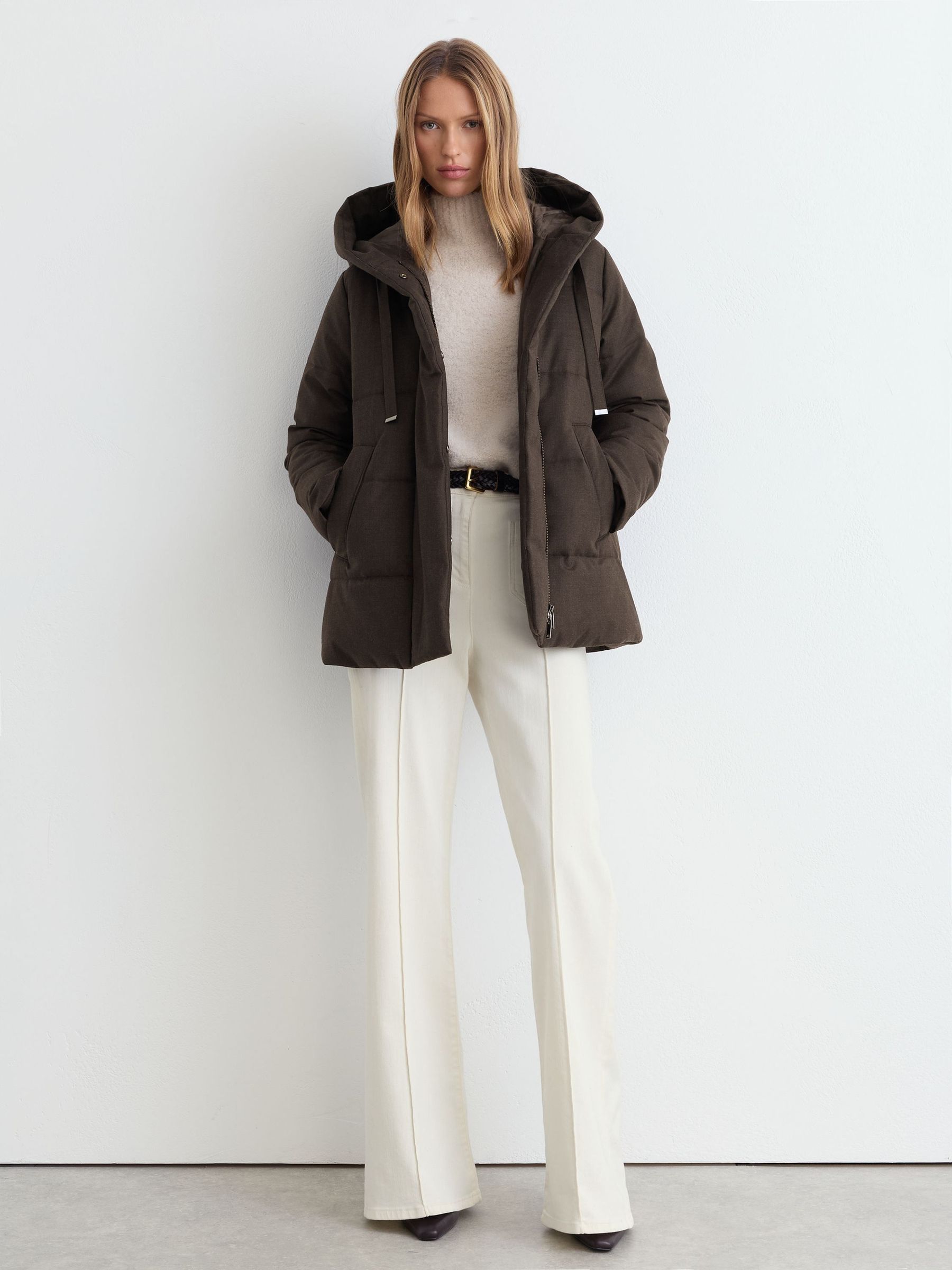 Brown - Wool Hooded Puffer Coat