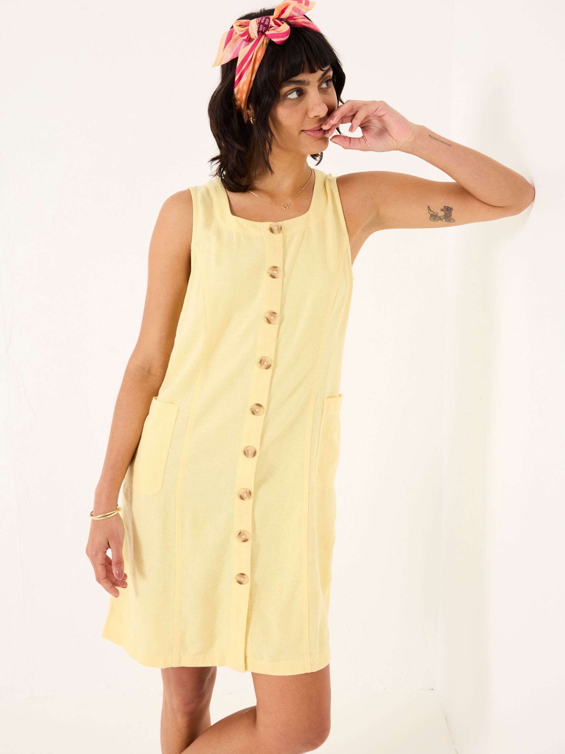 Binny Light Yellow Button Linen Dress (AK9439) | £62