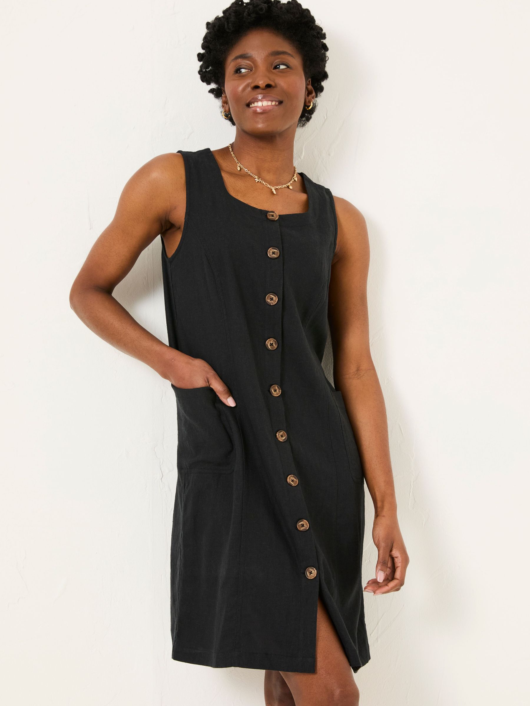 Binny Black Button Linen Dress (AK9458) | £62