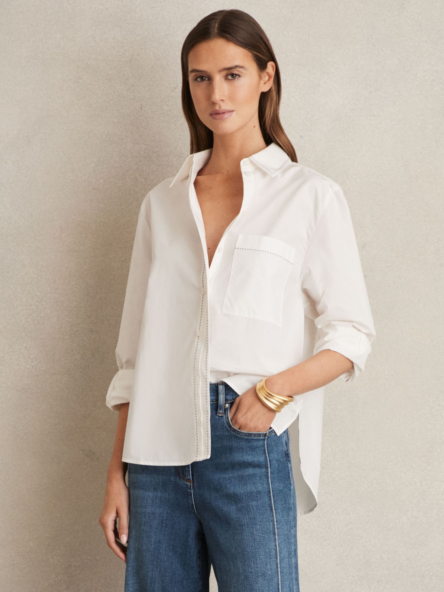 Cotton Topstitched Button-Through Shirt in White (AK9831) | £140