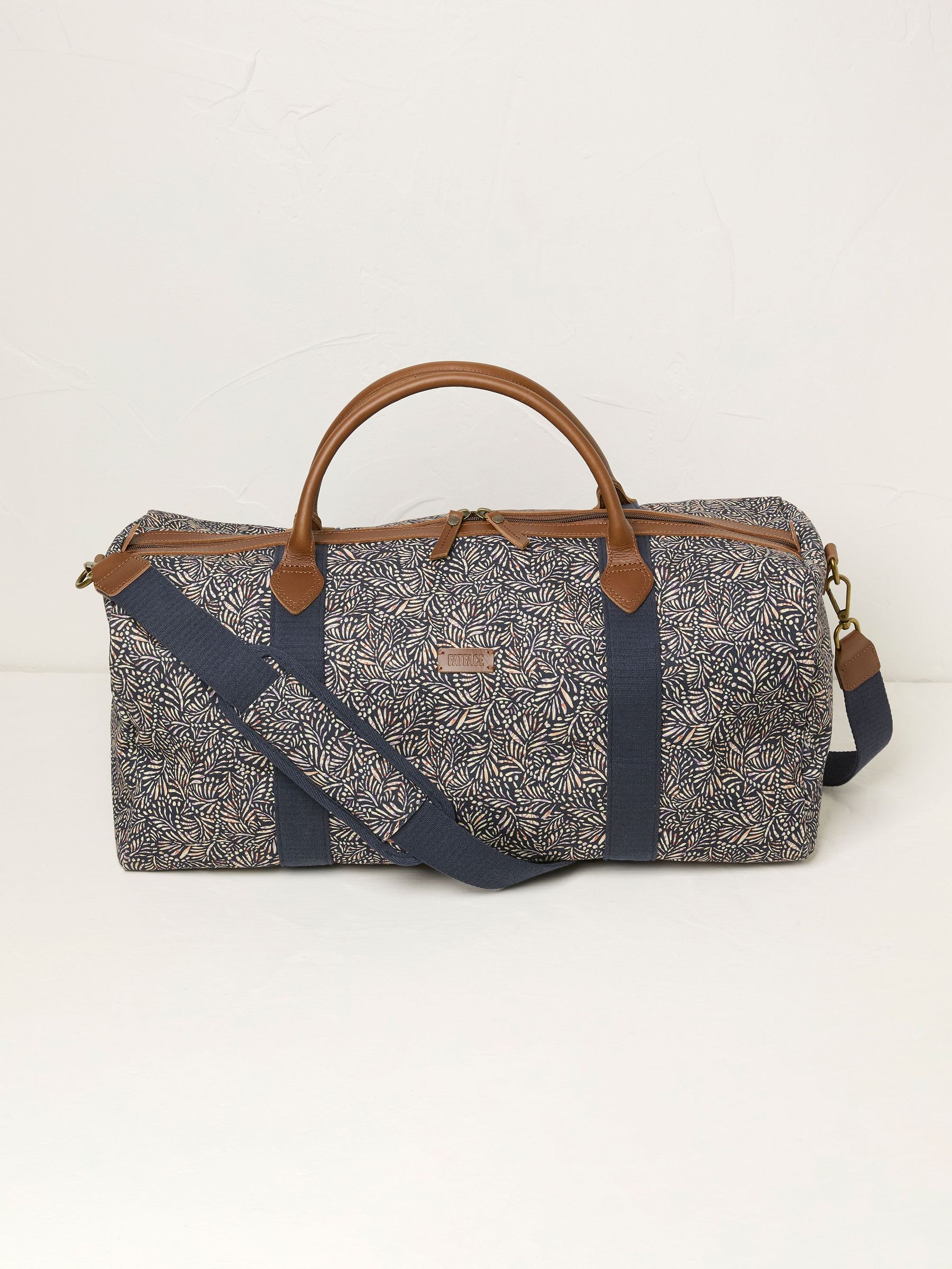 Navy Canvas Leaf Print Weekender Bag (AL0394) | £75