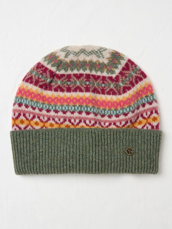 Green Lambswool Fairisle Beanie Hat (AL0874) | £20