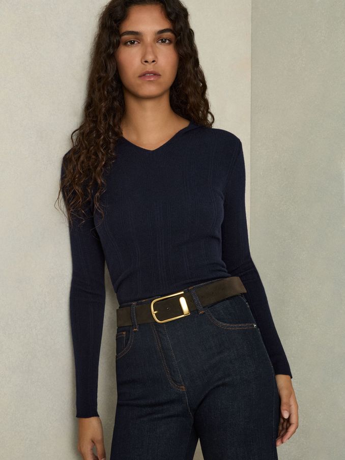 Wool-Blend Rib-Knit Hooded Jumper in Navy (AL1152) | £48