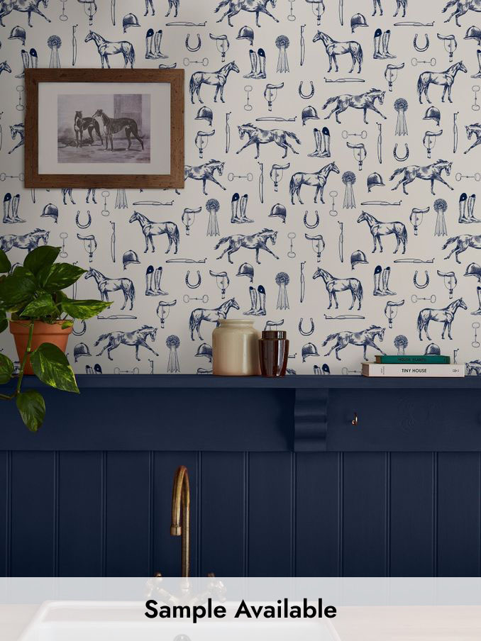 Cream/Blue Sketched Equestrian Print 10M Wallpaper (AL7077) | £48