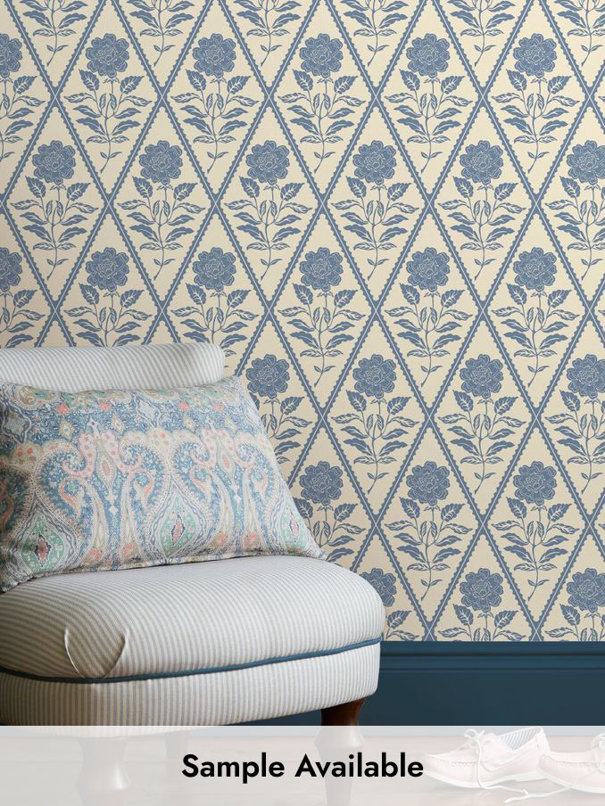 Cream/Blue Juliette Floral Print 10M Wallpaper (AL7083) | £48