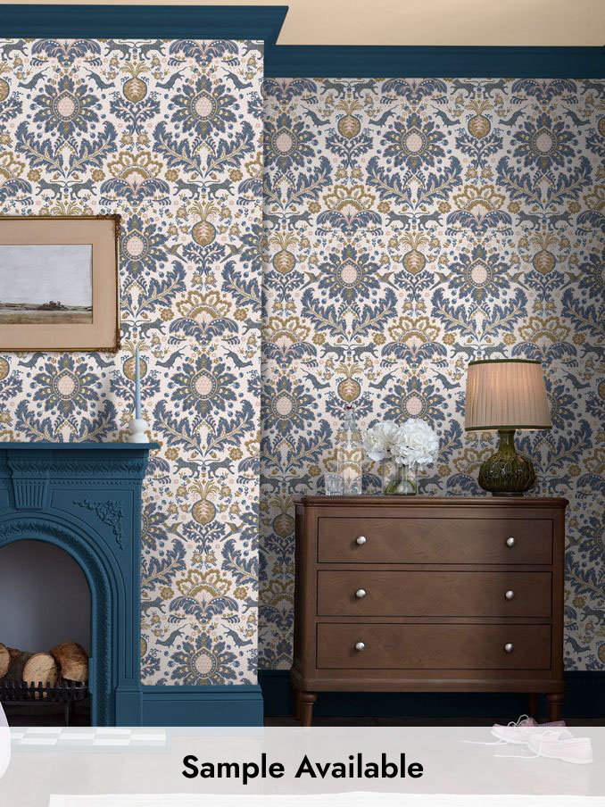 CreamBlueGold Animal Damask Print 10M Wallpaper (AL7089) | £48