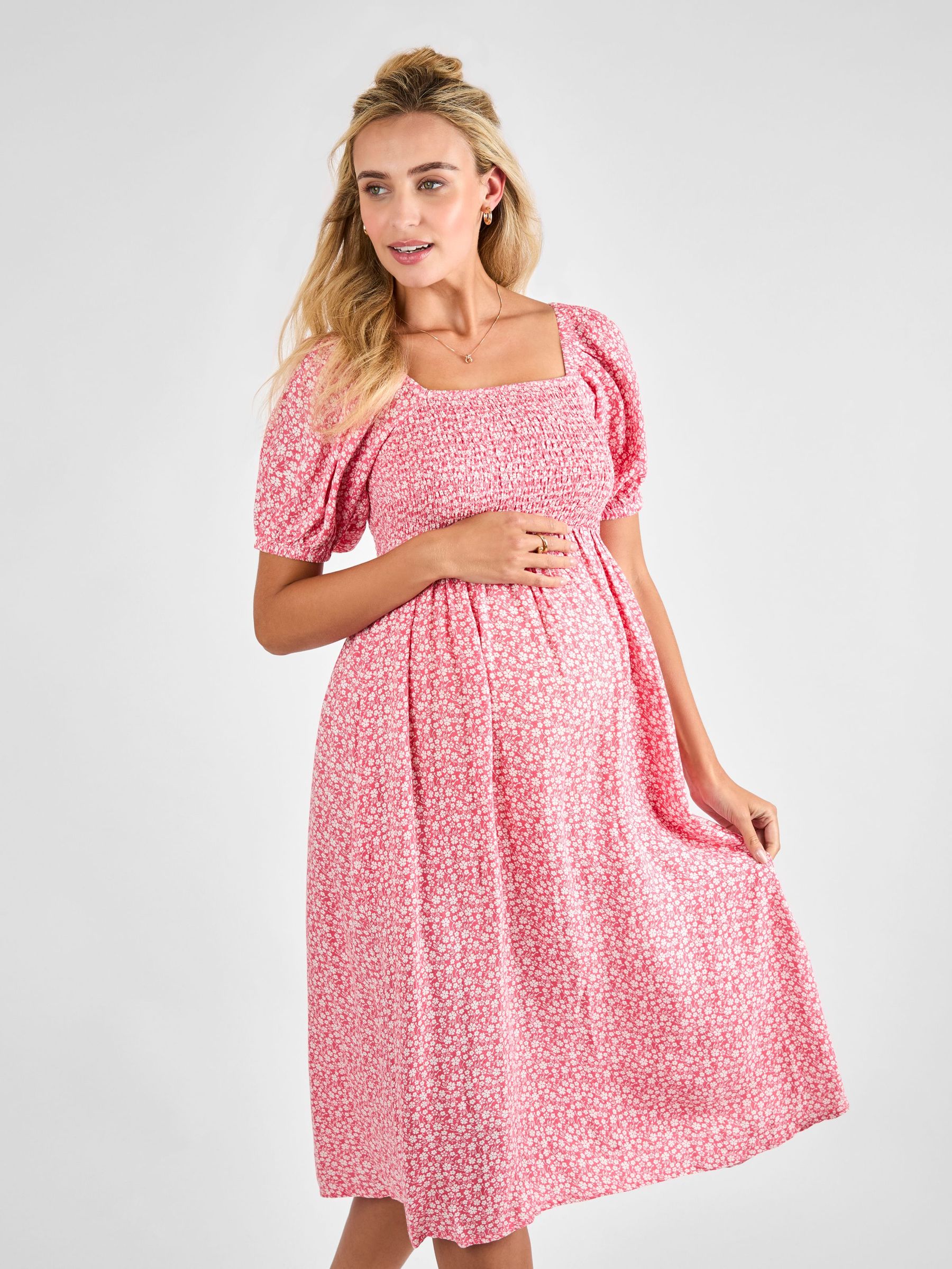Pink Ditsy Print Shirred Maternity Midi Dress (AL7416) | £49.50