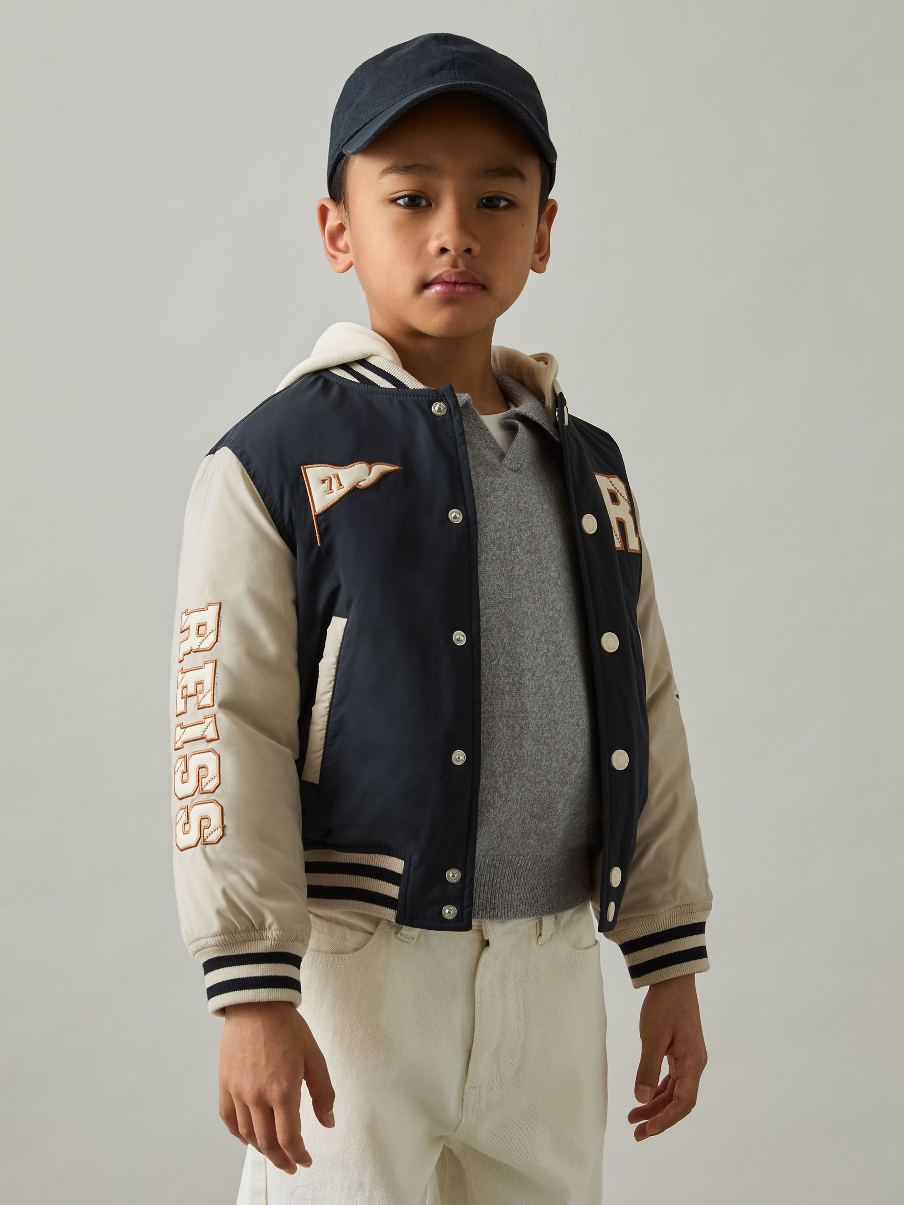 9-13 yrs Home-Run Colourblock Bomber Jacket in Navy/Stone (AL7809) | £72