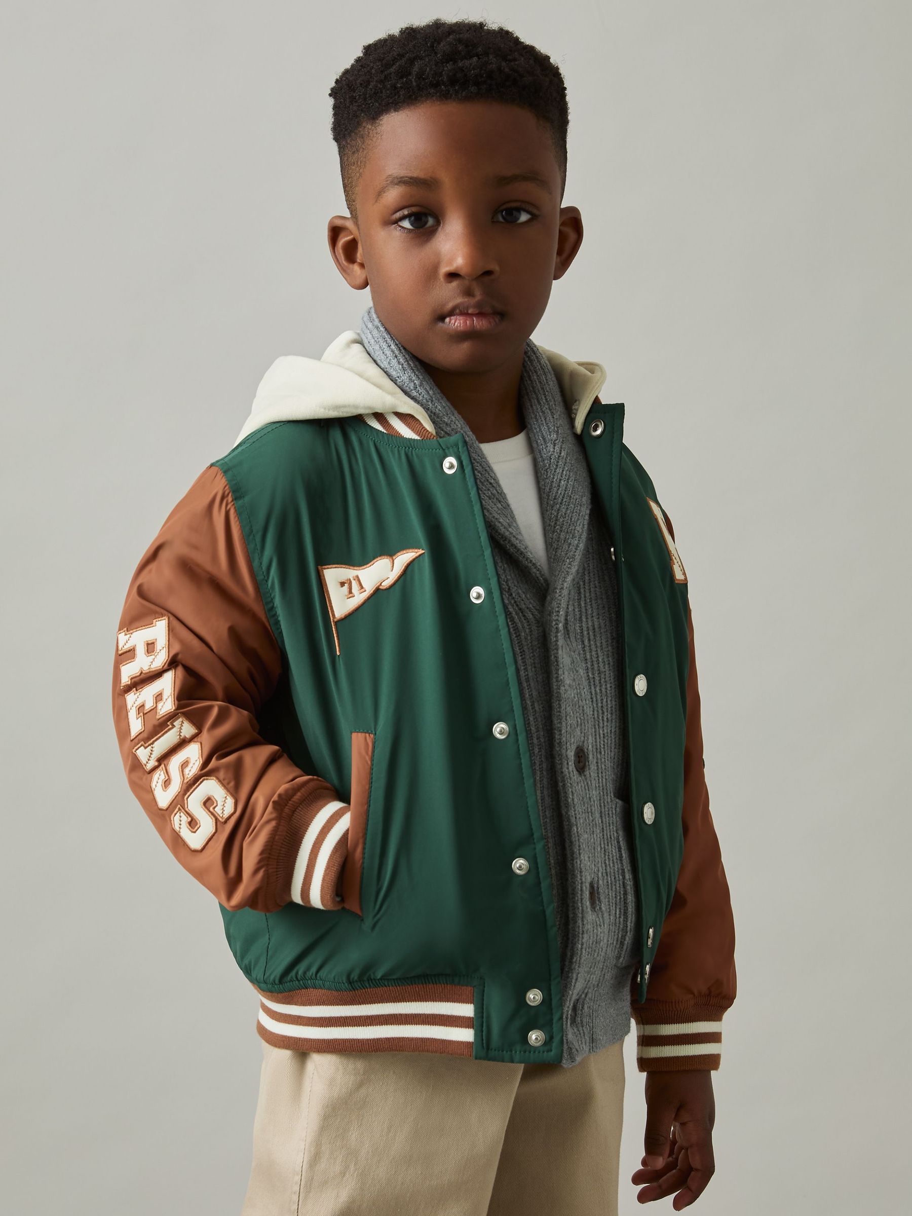 9-13 yrs Home-Run Colourblock Bomber Jacket in Green/Tobacco Brown (AL7810) | £72