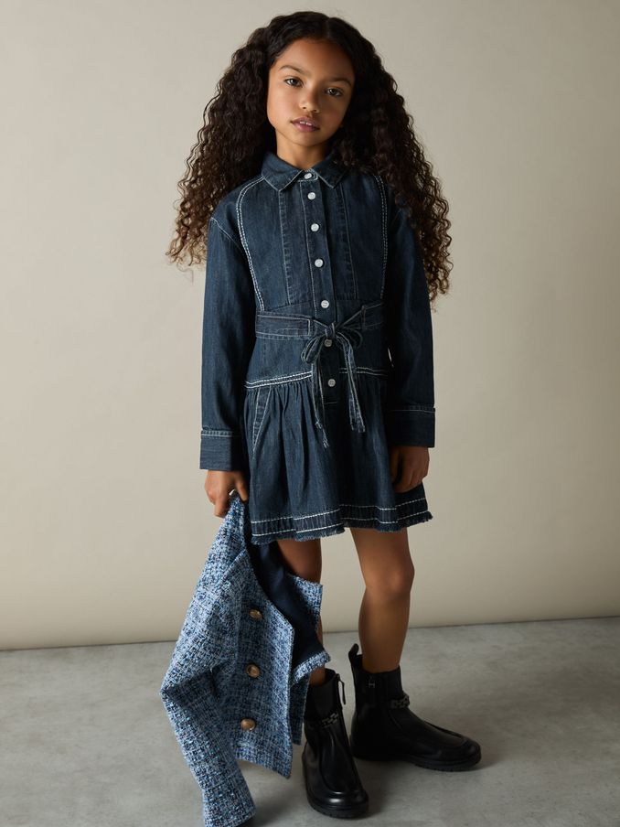 4-9 yrs Chambray Contrast-Stitch Flippy Dress in Blue (AL9012) | £35