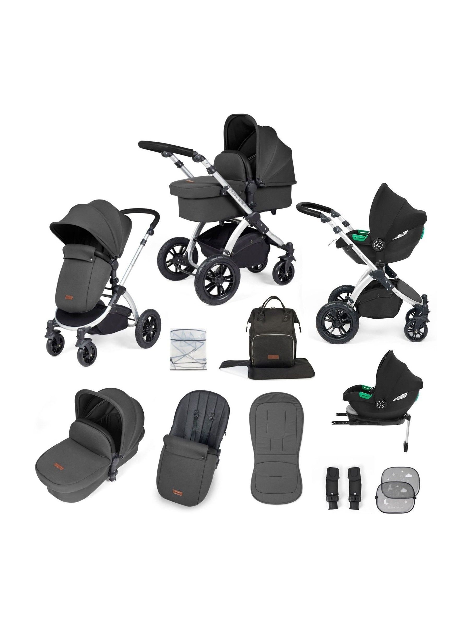 Ickle Bubba Silver  Charcoal Grey  Black Stomp Luxe All-In-One I Size Travel System with Ci Base (AL9727) | £599