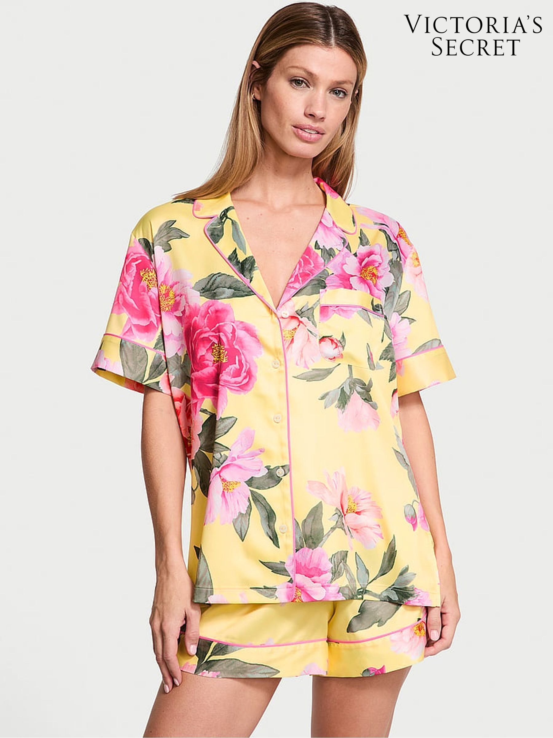 Yellow Tulip Floral Bouquet Satin Short Pyjama Set (AM0851) | £65