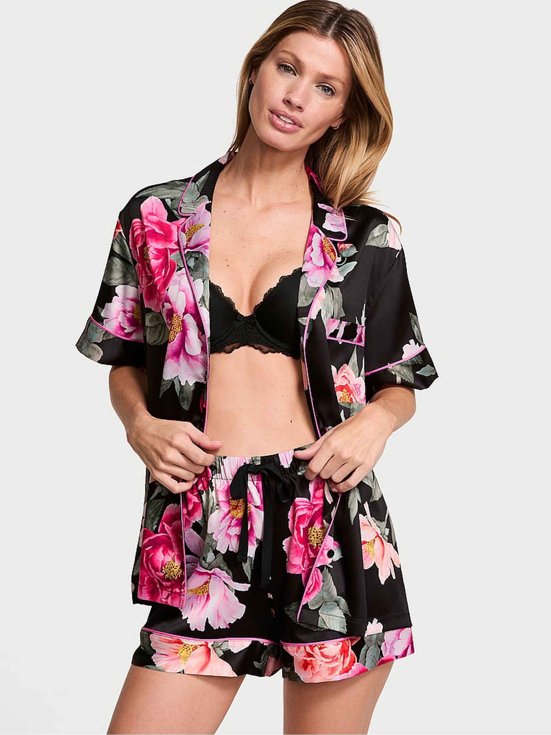 Black Floral Bouquet Satin Short Pyjama Set (AM0858) | £65